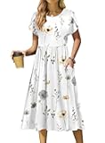 Women Summer Short Sleeve Midi Dress with Pockets Casual Aline Flowy Tshirt Dress Floral Vocation Beach Sundress