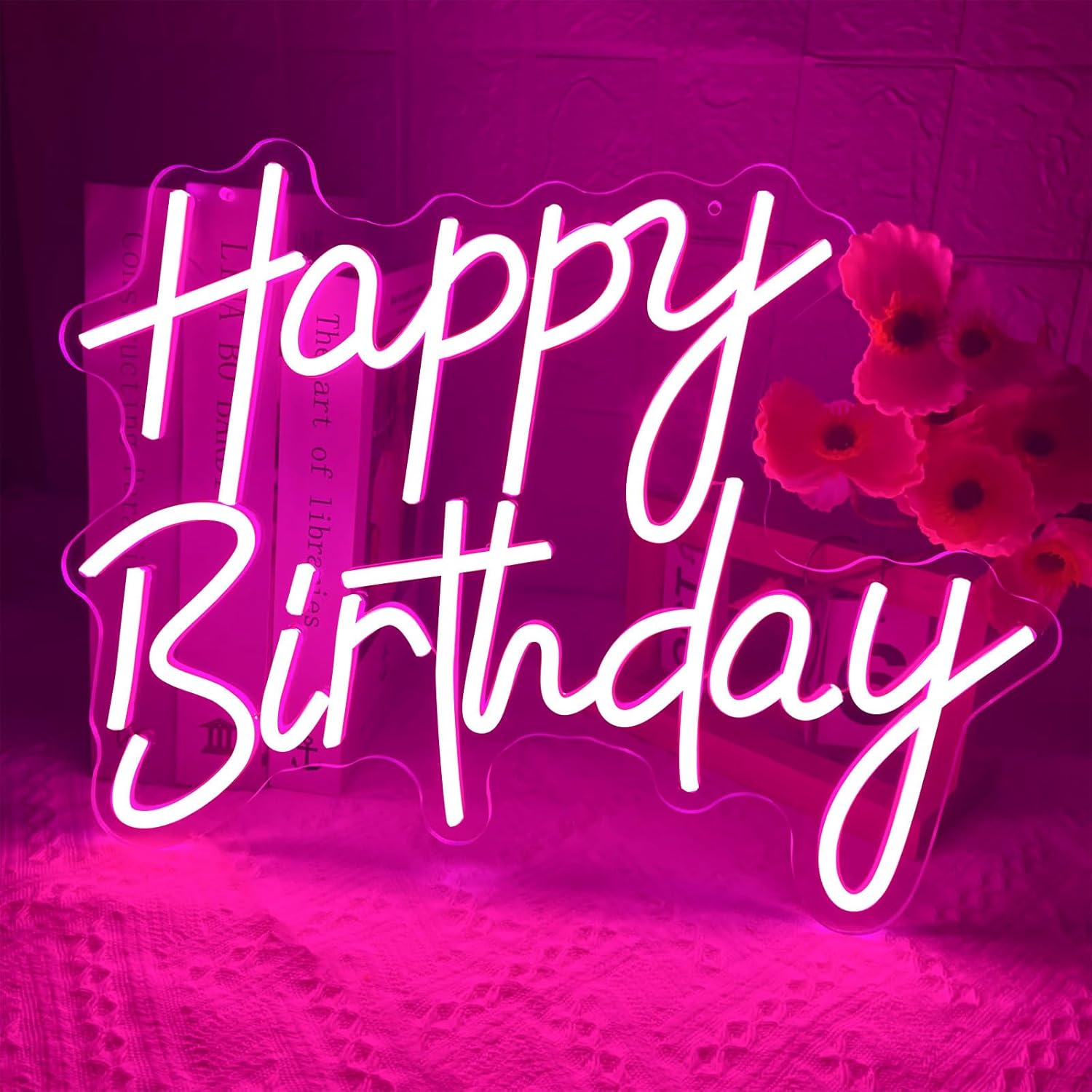 Happy Birthday Neon Sign for Wall Decor, Pink LED Neon Light Signs, Dimmable Art Decoration Happy Birthday Neon Light Sign for All Birthday Party Decoration 15.7×13 Inch