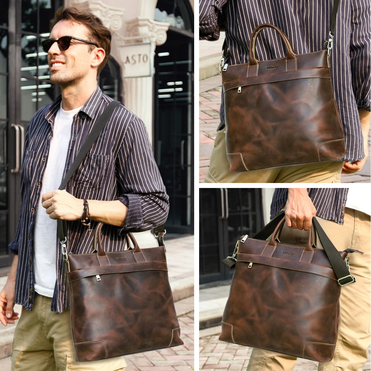 Contacts Crazy Horse Leather 16 inch Briefcase for Men Messenger Bag Laptop Shoulder Handbag for Business Work Travel Satchel