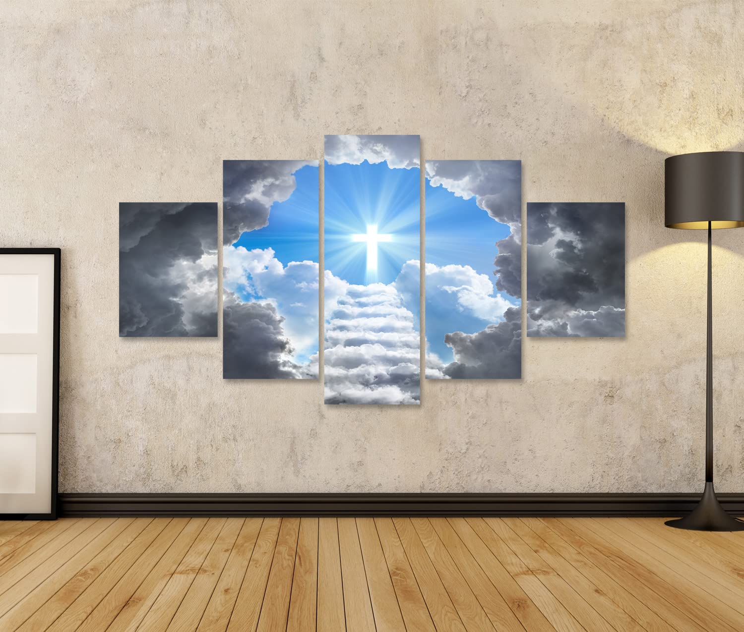 islandburner Bild auf Leinwand Treppe Zum Kreuz Licht Ende Tunnel Jesus Gott 5 Teile Wandbild Poster Kunstdruck Bilder 170x80cm