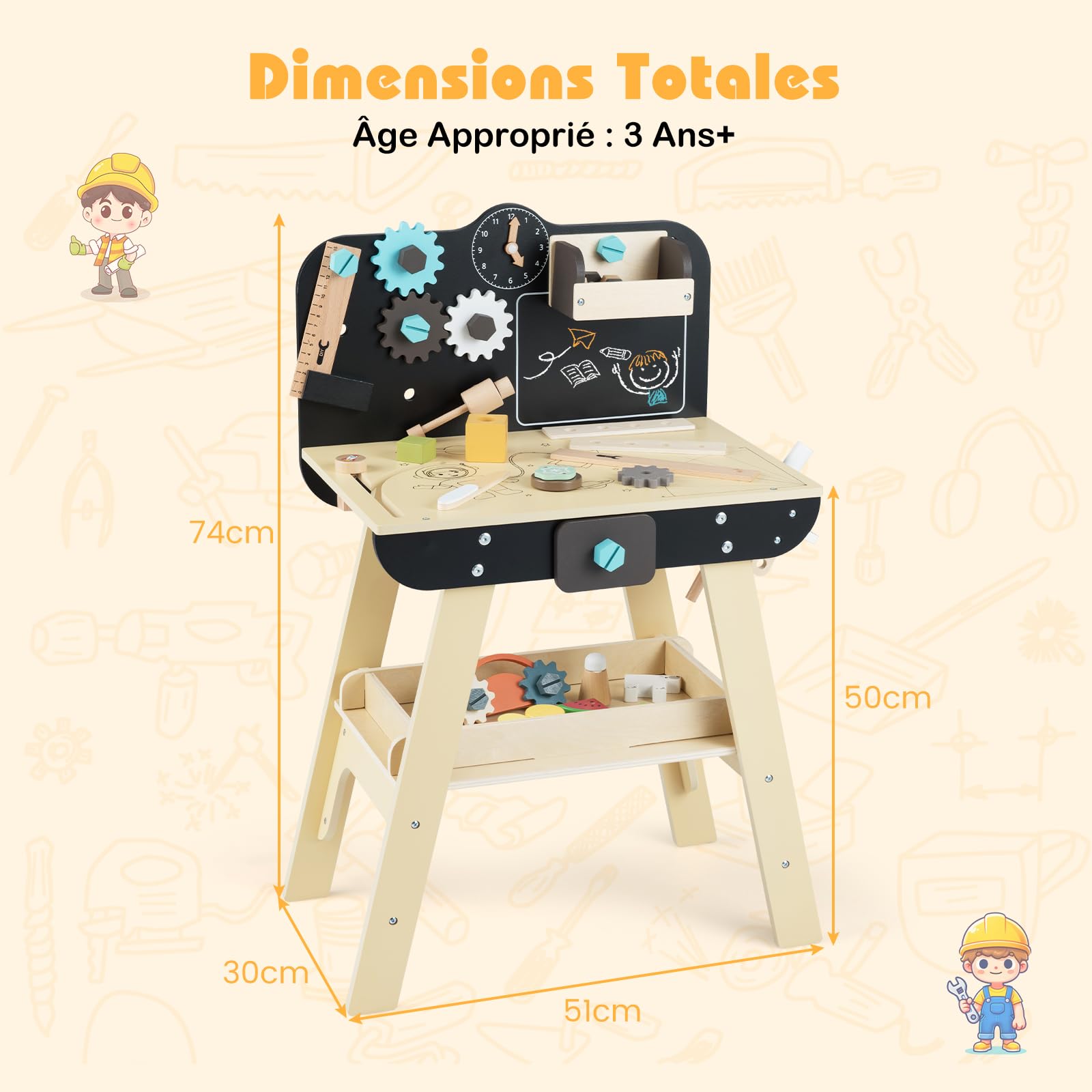 COSTWAY Établi Enfant avec Outils et Accessoires, Atelier Bricolage Enfant en Bois avec Étagères de Rangement, Tableau Noir, Horloge, Marteau, Tournevis, pour Garçons et Filles de 3+ Ans