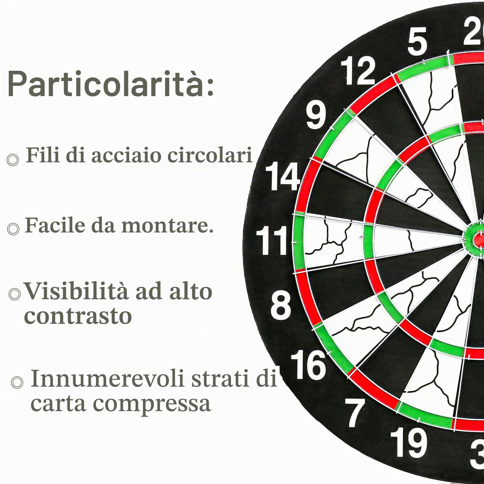 Bersaglio per freccette da 43 cm, doppio lato, spessore 2 cm, set da 9 freccette