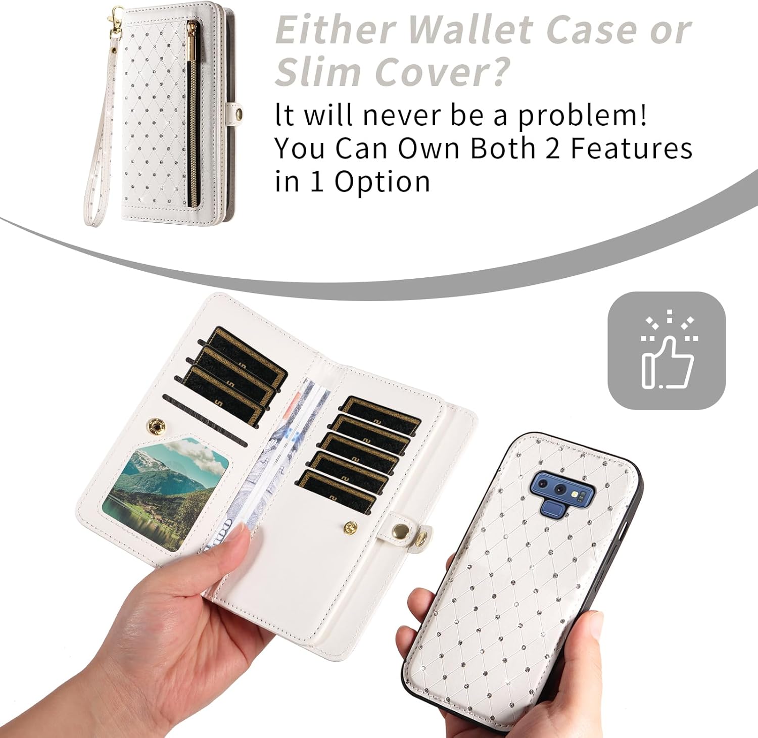 Asuwish Phone Case for Samsung Galaxy Note 9 Zipper Wallet Detachable Magnetic Cell Cover with Tempered Glass Screen Protector Crossbody Strap Bling Flip Credit Card Holder Note9 Not S9 Women White