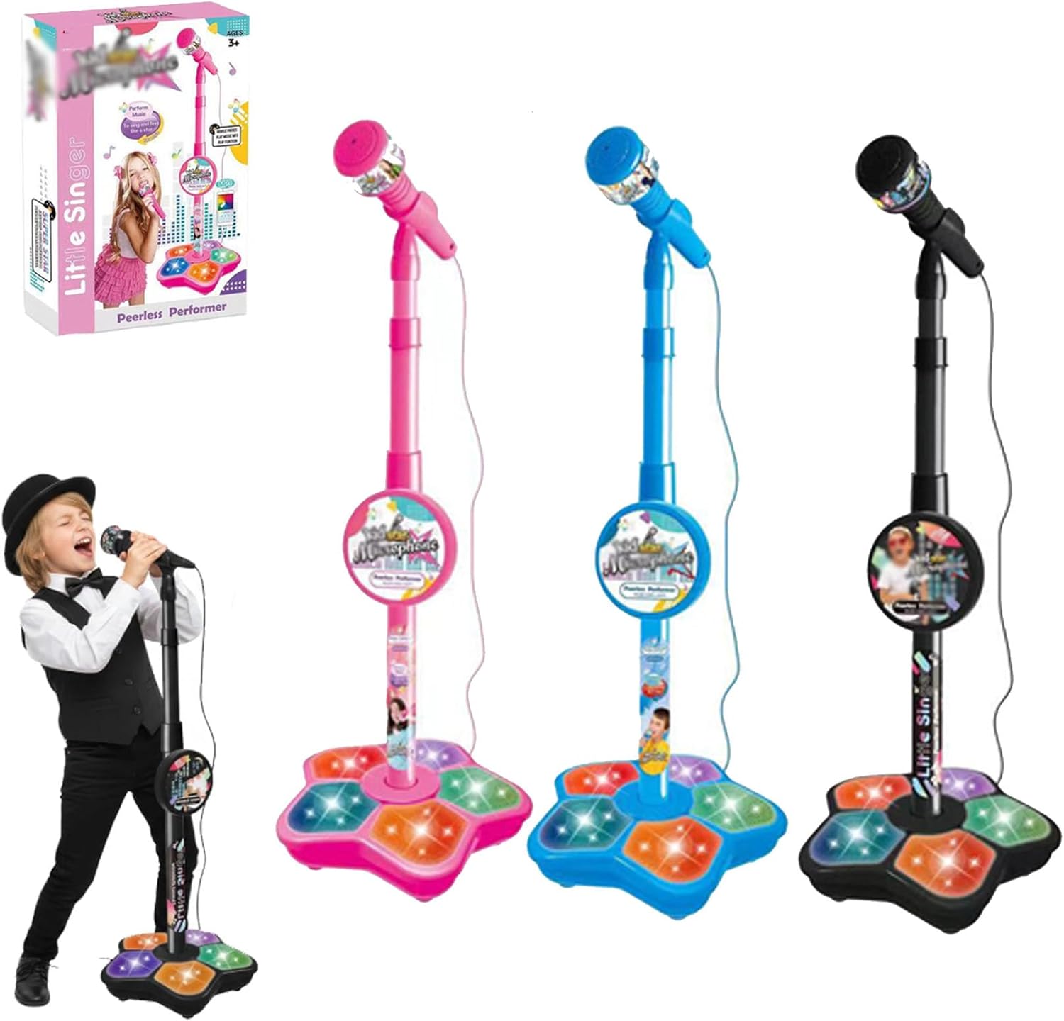 Kids Microphone with Stand, Karaoke Microphone for Kids, The All-in-One, Got Built-in Music, Colorful Lights, Echo Effects, Toddler Microphones, for Christmas and Birthday Girls and Boys (3Set)