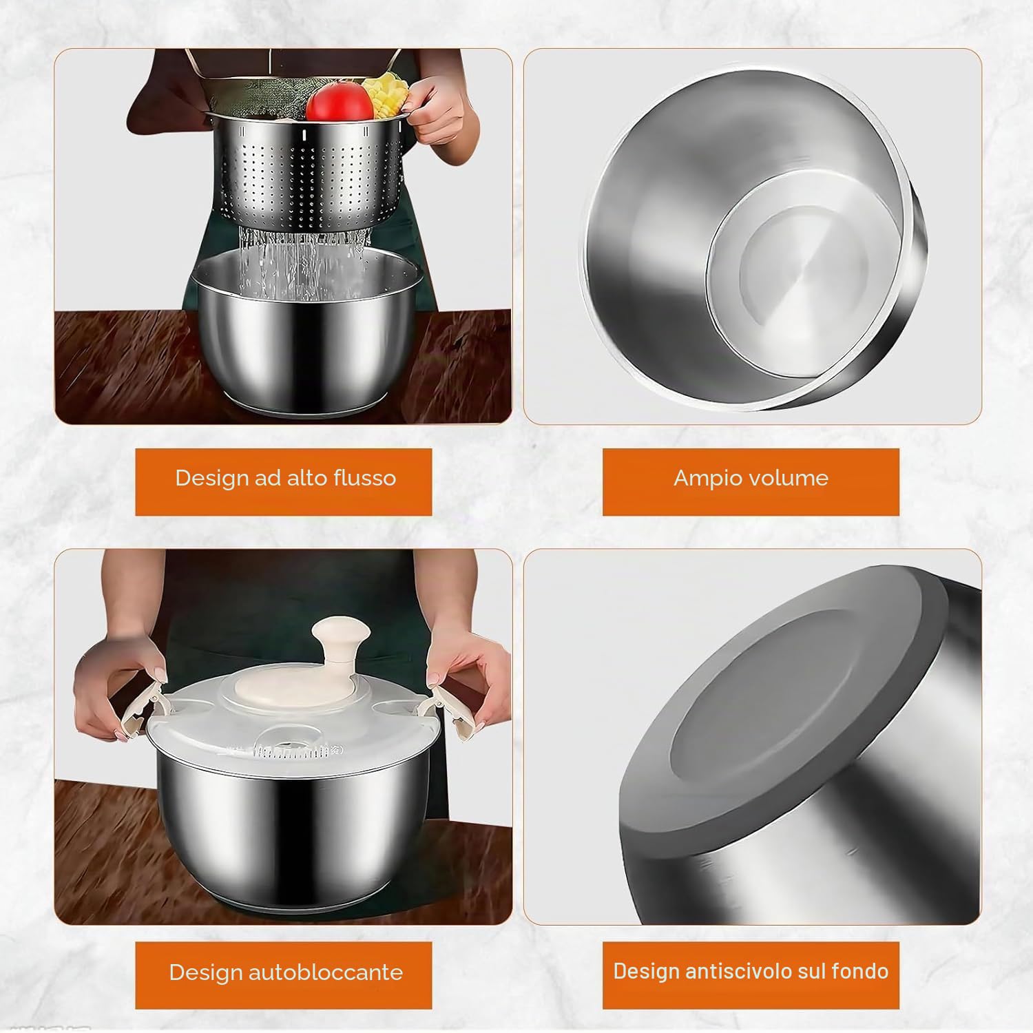 Centrifuga per insalata in acciaio inox da 6 l, multiuso, per frutta, verdura, scolapasta, centrifuga per insalata, centrifuga per frutta con uscita di drenaggio (A1)