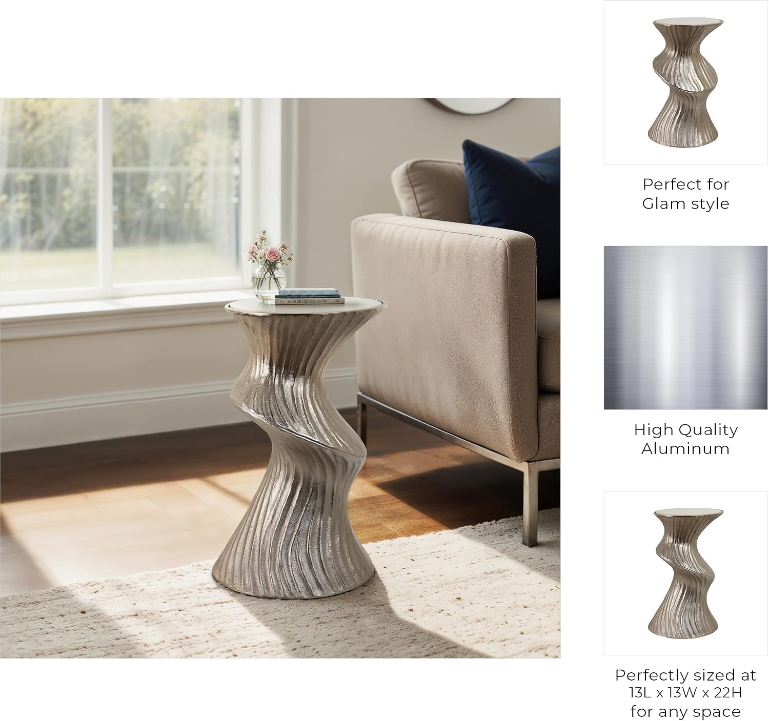 Room Decor End Table, Side Table, or Small Night Stand - Artistic Twisted Marble Top Bedside Table for Home, Bedroom, and Living Room Decor - A Swirl of Modern Style for Big or Small Spaces - 22" Gold