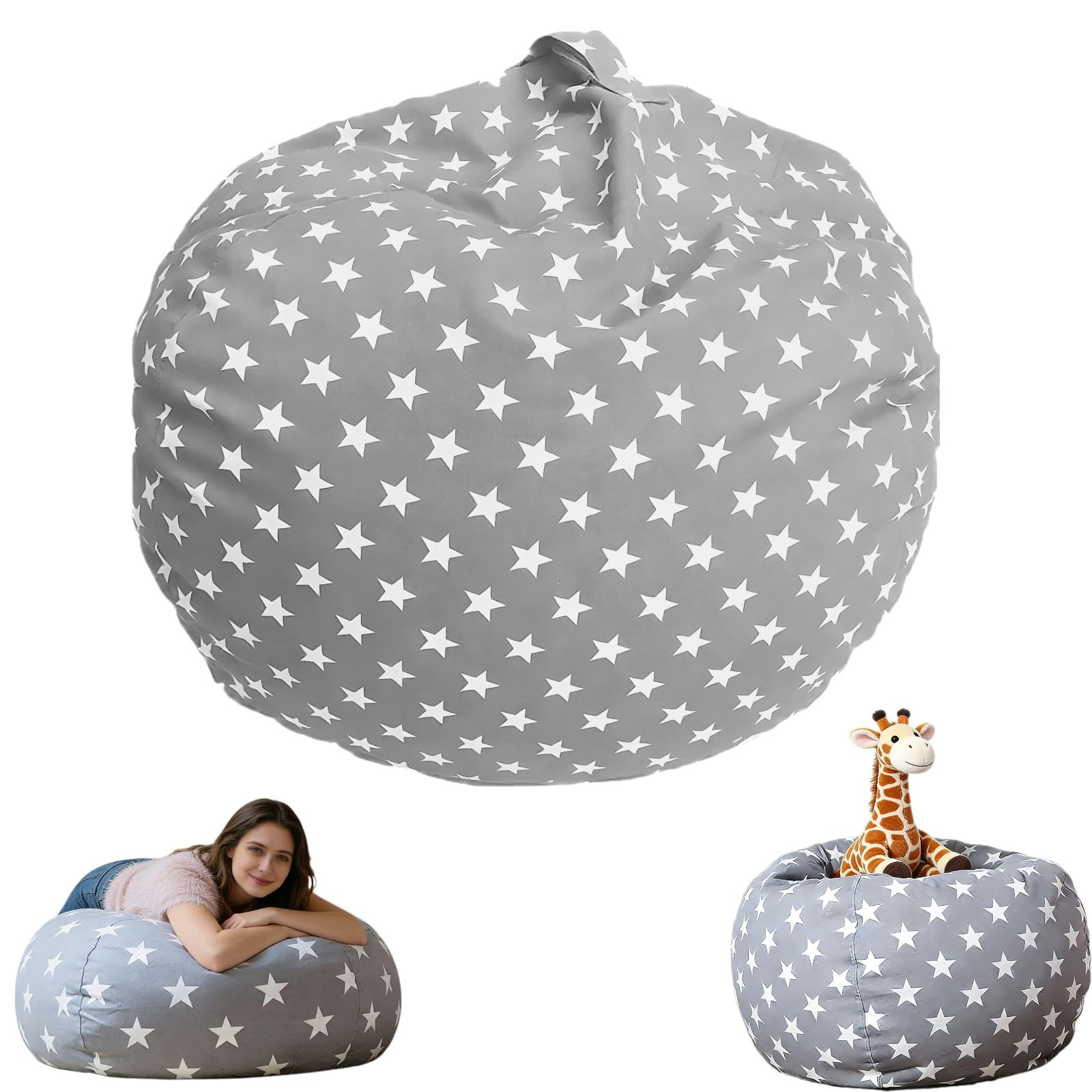 Bolsa Almacenamiento y Puf 2 en 1 | Funda con Cremallera y Asa para Organizar Juguetes, Ropa | Lona Resistente | Estrellas Grisas | 24 Pulgadas (61 cm) | NO Incluye Relleno