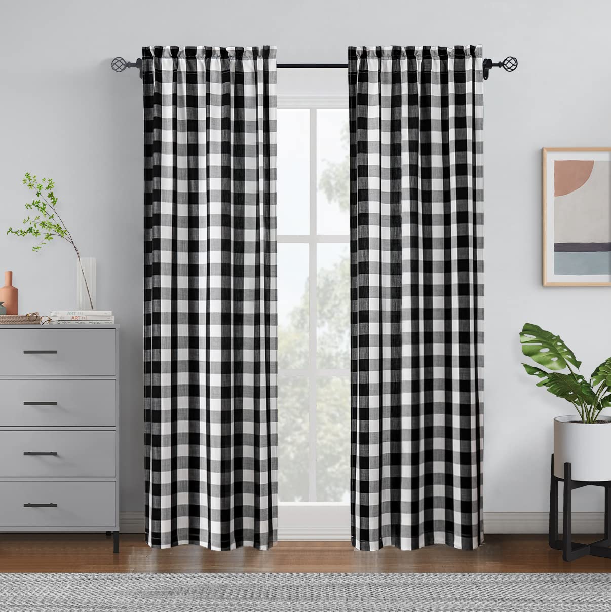Black White Buffalo Plaid Curtains in 63 Inches Long,Sheer Geometric Window Curtain Panels, Farmhouse Gingham Window Treatment for Living Room,Bedroom,Rod Pocket Top Design,27"x63"x2,Black White