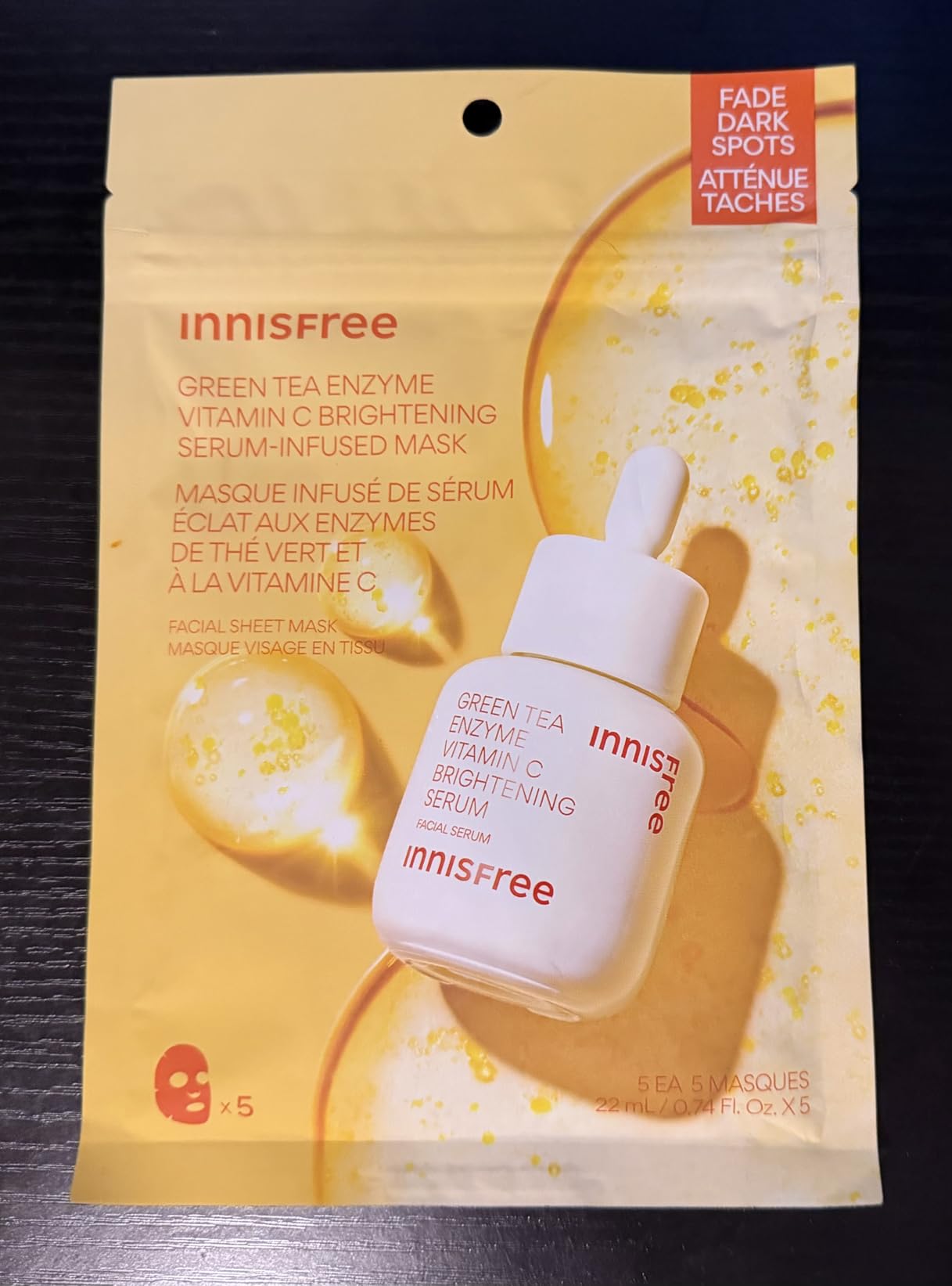innisfree Green Tea Enzyme Vitamin C Brightening Serum-Infused Mask, 5 Pack Sheet Masks for Brightening & Glow, Ideal for Dry, Oily, & All Skin Types