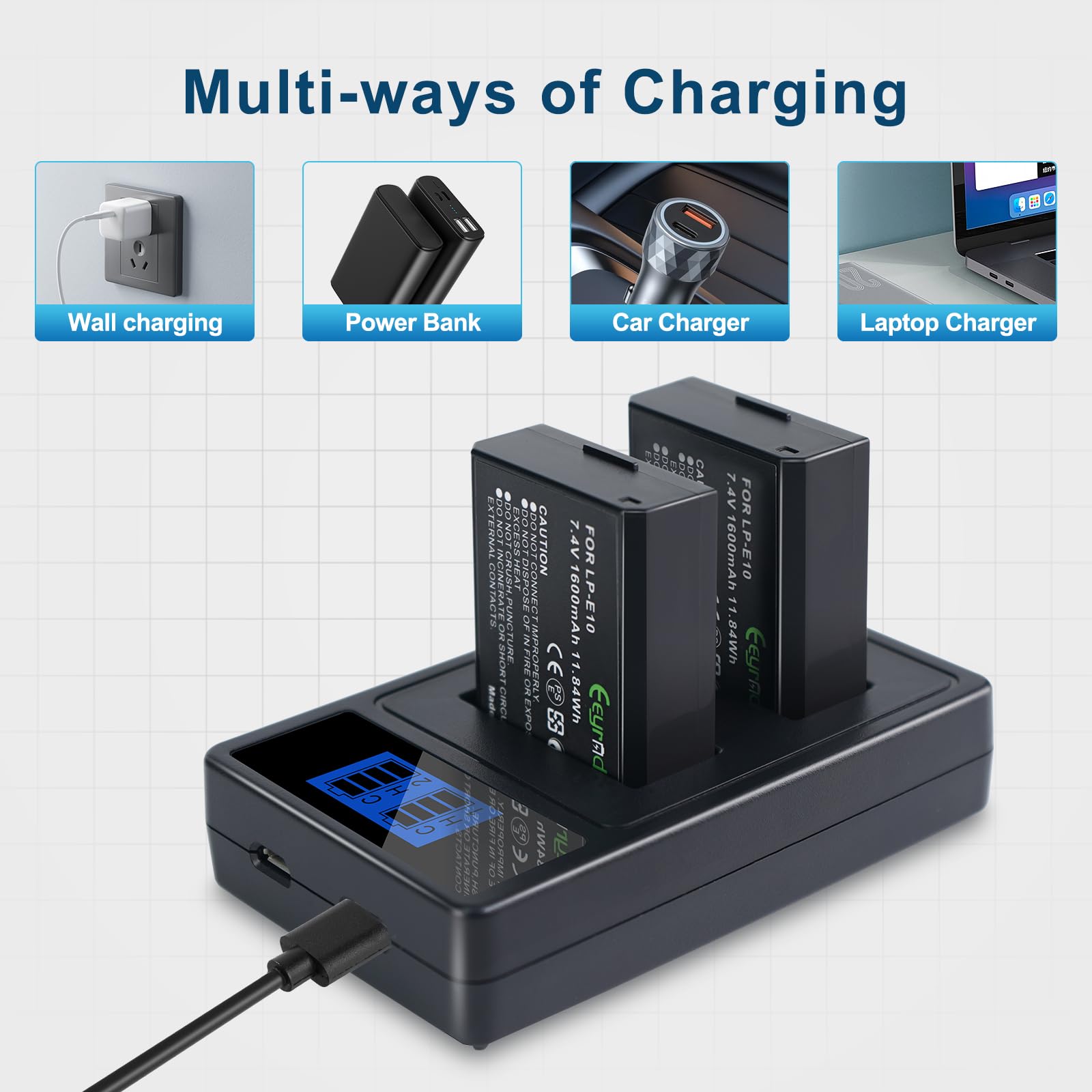 Canon Rebel T7 2-Pack LP-E10 Batteries Charger For /T6 (18W