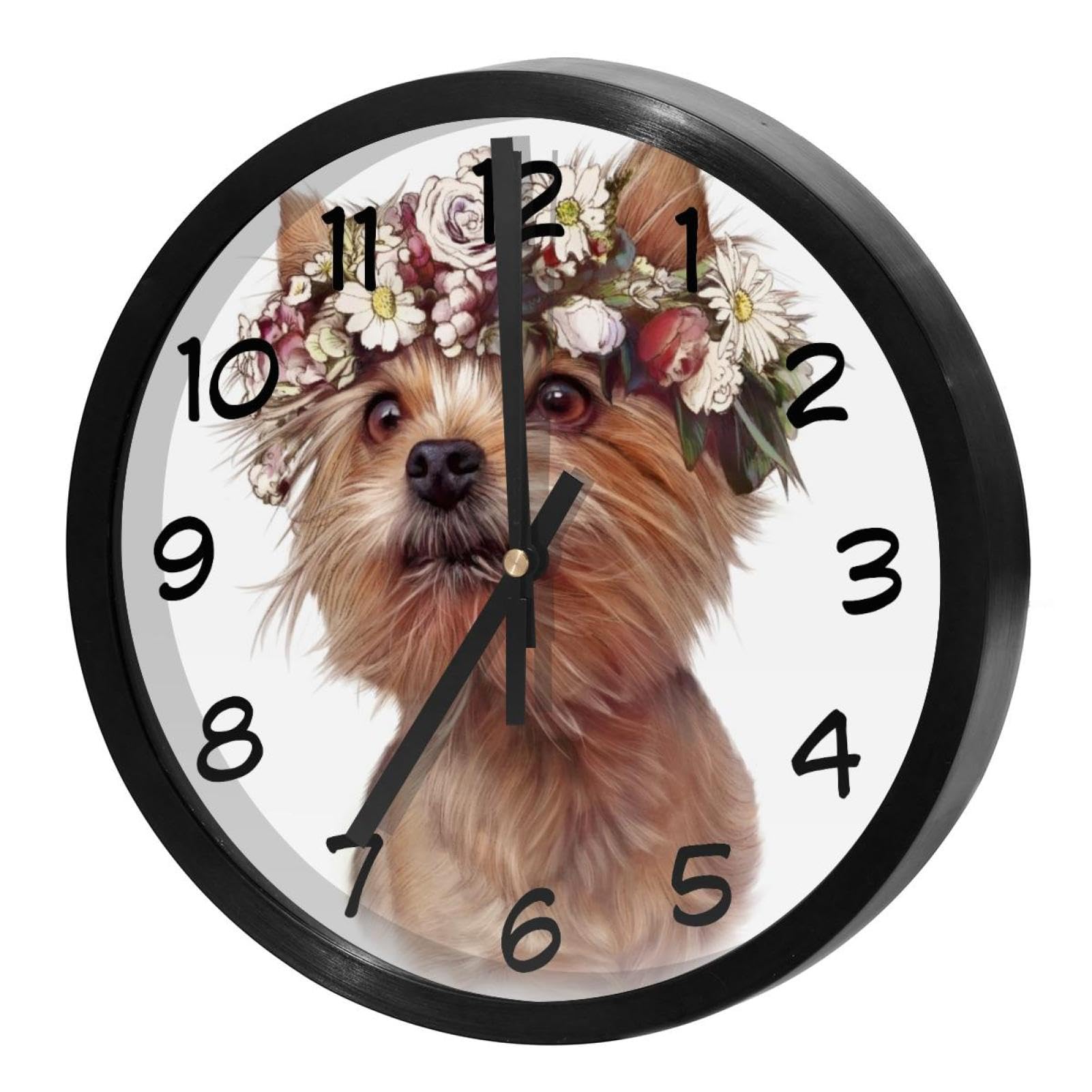 Horloge murale silencieuse Yorkshire Terrier : le charme fleuri sans tic-tac pour salon et bureau