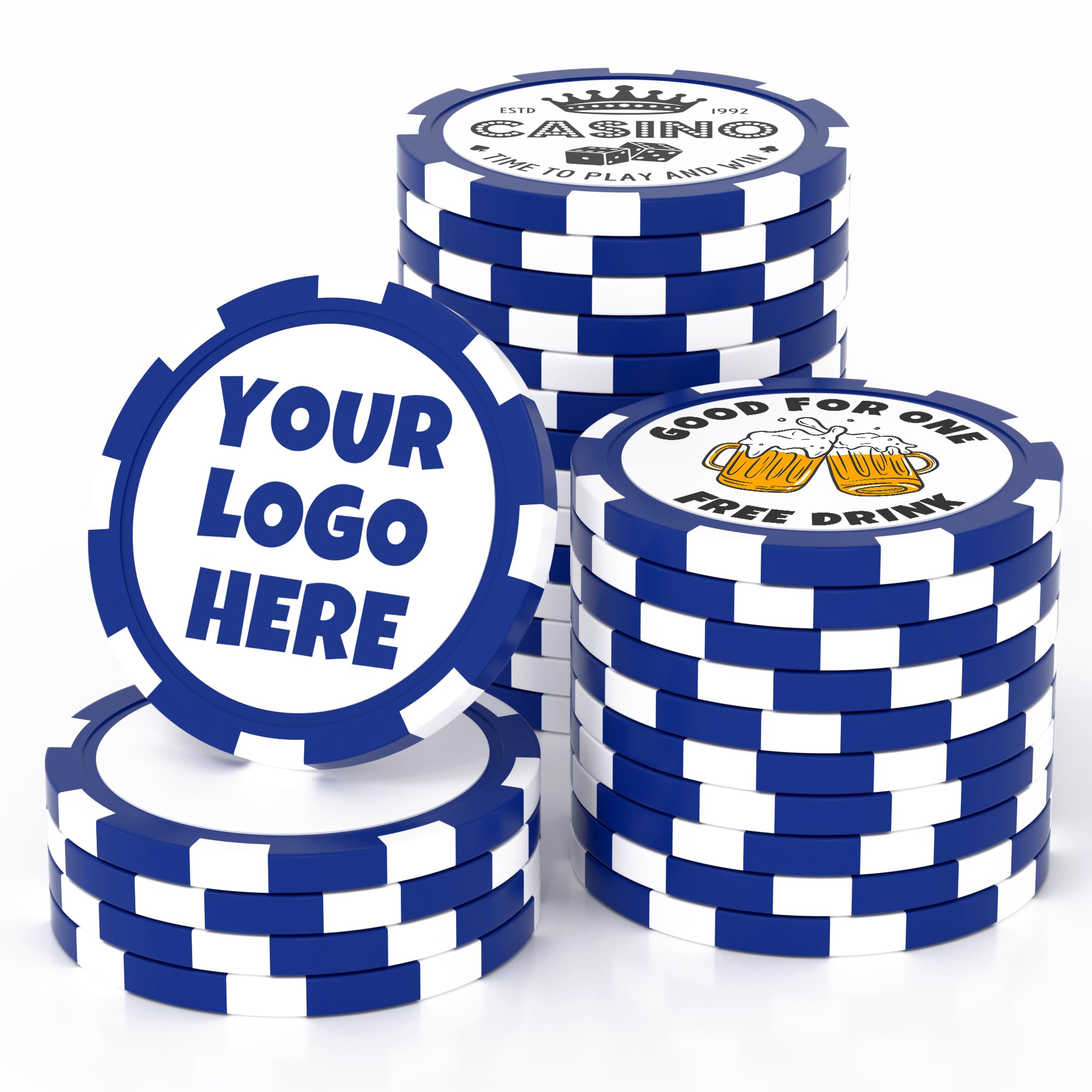 MANBATTLE 25 Custom Clay Poker Chips, 40mm Heavy 11.5 Grams Casino Sized Personalized Poker Chips with Logo or Text, Customized Drink Tokens for Bar, Party, Business Card, Golf Club or Events (Blue)