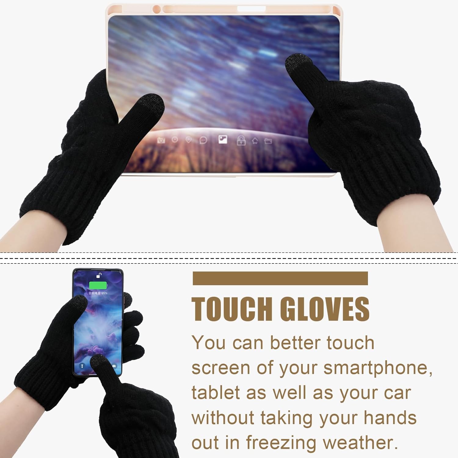Janmercy 3 Pairs Winter Fleece Lined Gloves for Women Touch Screen Knit Stretchy Warm Lined Gloves for Cold Weather - Image 5