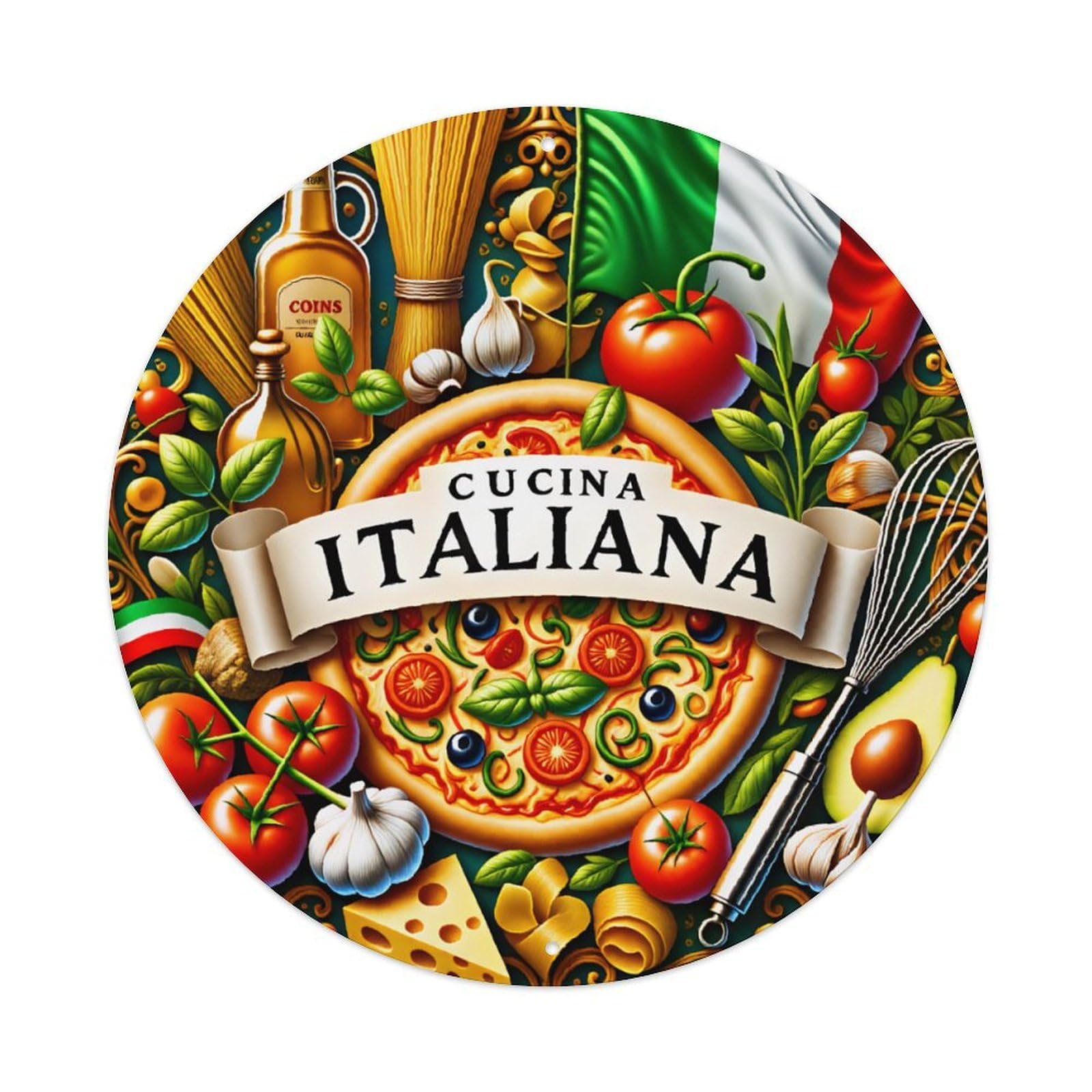 Ldfuieksufg Style Round Italian Kitchen Pizza Food Decor Wall Plaque Cucina Italiana Vintage Aluminium Metal Sign, Retro Wall Decor For Home, Bar, Garage & Farmhouse 20X20cm