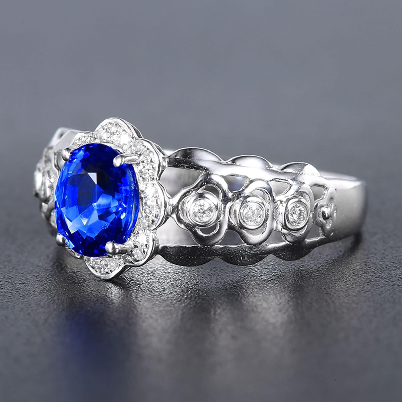 Daesar Anillos para Compromiso de Mujer con Hueco y Oval con Zafiro Creado de 1.1ct y Moissanita, Oro Blanco 9K/14K/18K, Anillos Alianza Plata Azul