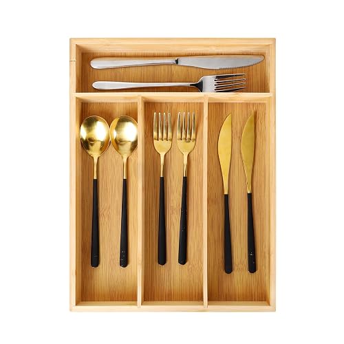 Bamboo Drawer Organizer for Utensils Holder, Drawer Dividers Organizer for Silverware, Flatware, Knives in Kitchen, Bedroom, Living Room, Office as Housewarmings, Wedding, Bridal Shower Gifts