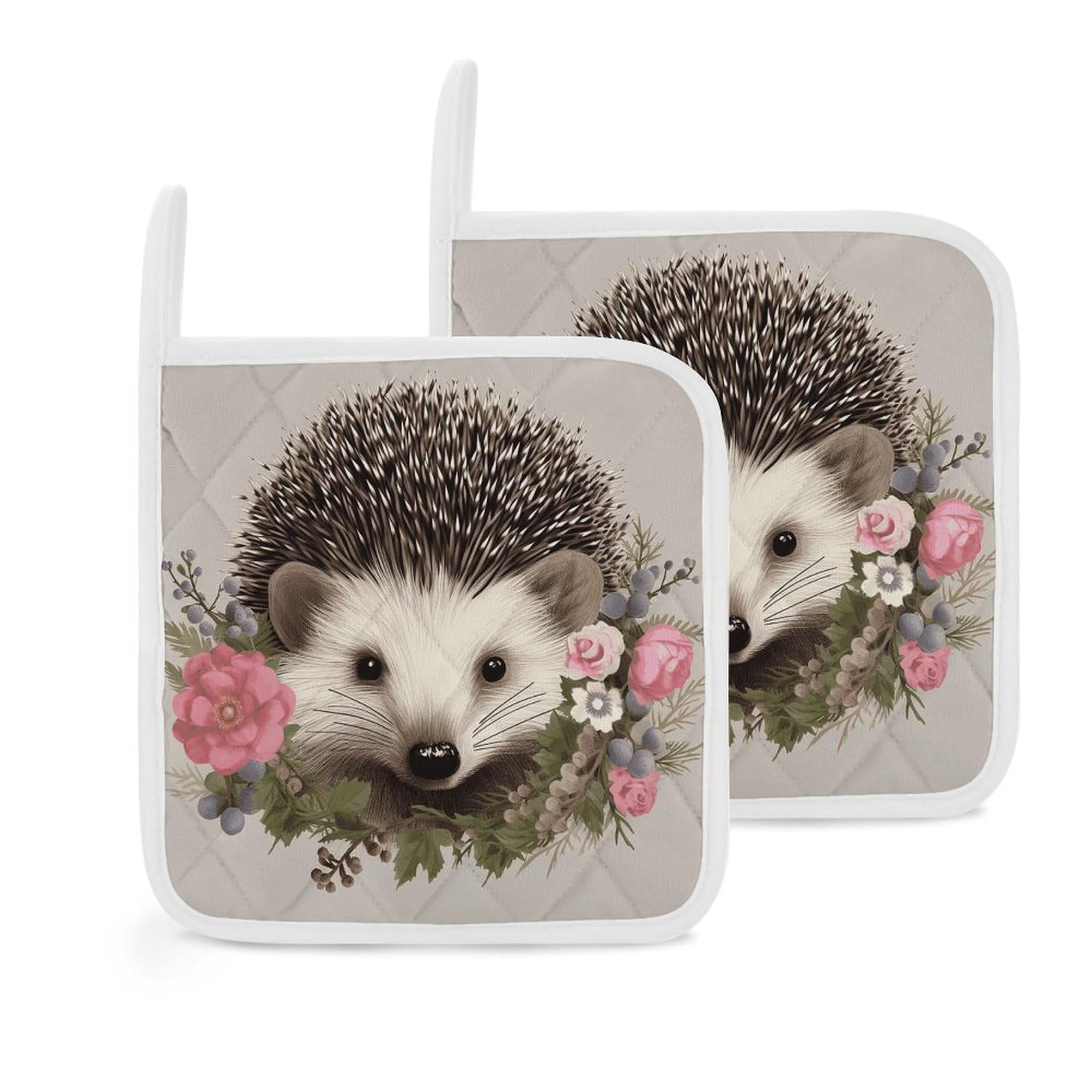 Btcowzrv Style Hedgehog In Floral Wreath 2 Pack Pot Holders For Kitchen, Heat Resistant Potholder Set With Hanging Loops, Hot Pads For Oven Baking Cooking