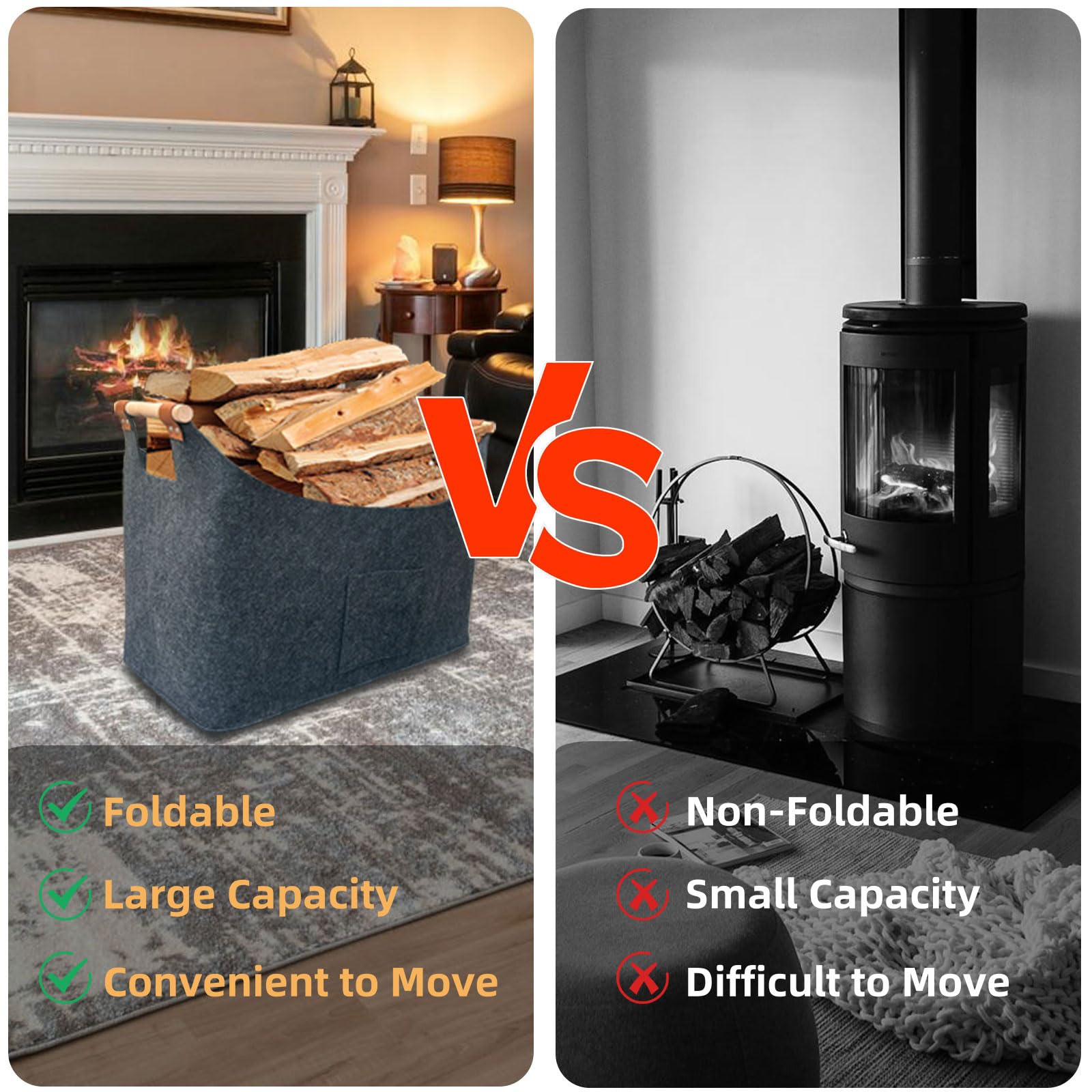 55L Large Log Basket,Felt Firewood Basket for Wood Burner Indoor with Extended & Thicker Handles,Foldable Storage Box for Fireplaces - Image 4