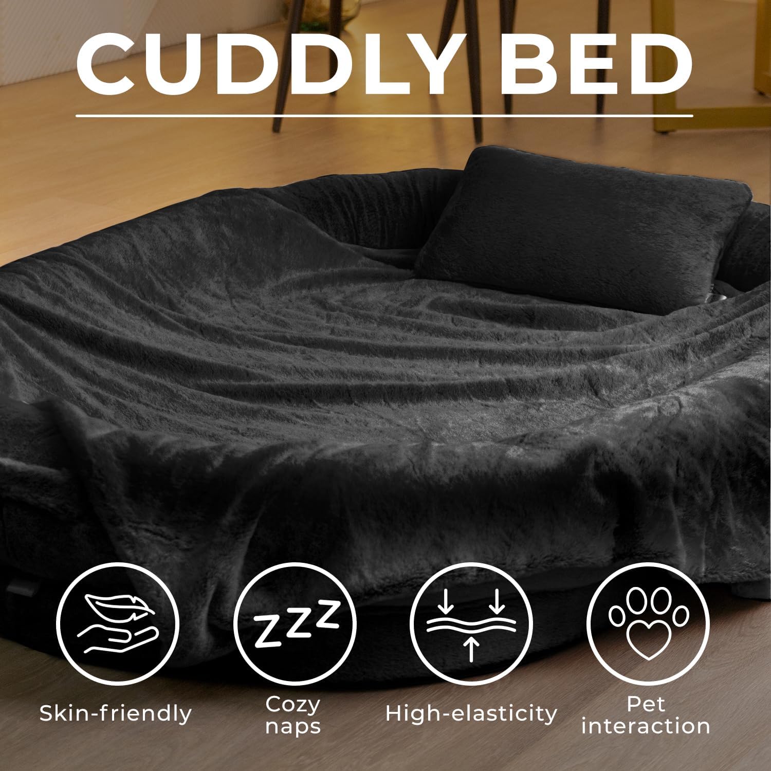 Petlo Human Dog Bed for Cozy Naps 72"x48"x11" - Washable Faux Fur Cover, Blanket and Pillow - Removable Memory Foam and Adjustable Strap Orthopedic Human Size Dog Bed for Adults & Large Dogs (Black)