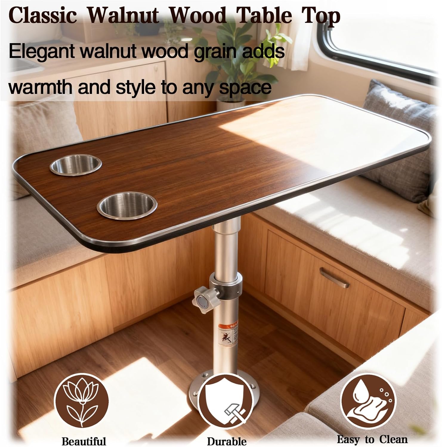 Adjustable RV Table Set 31.5 x 15.8 Inch Walnut Finish Top with Pedestal Leg, Height Adjustable Camper Table with 2 Cup Holders, Space Saving Table for Van Boat Motorhome Interior