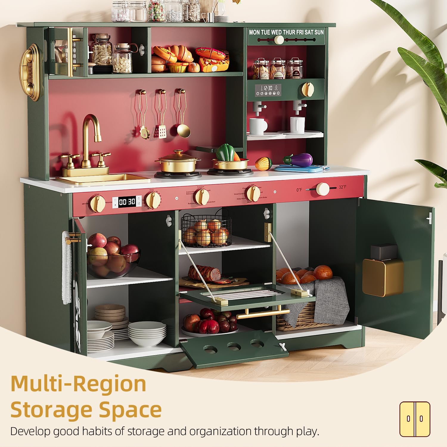 Wooden Play Kitchen for Toddlers, Kids Kitchen Playset with Realistic Lights and Sounds, 35.8 Inches Large Toy Kitchen for Girls and Boys Ages 3+. Green