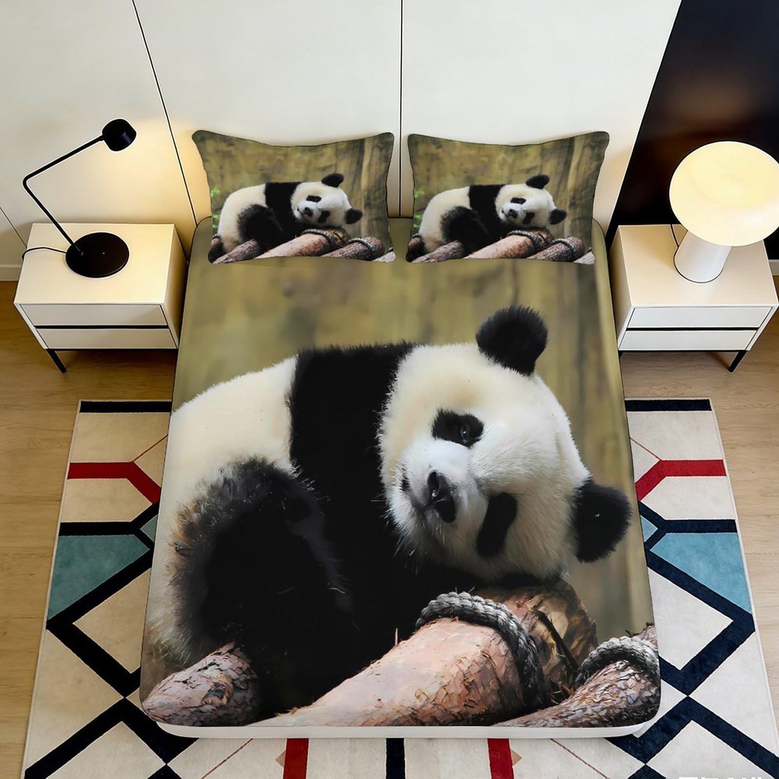 3D Printed Panda Forest Fitted Sheet Microfiber Soft Breathable Bamboo Bed Cover for Bedroom Guest Room Decor 90x200x25cm
