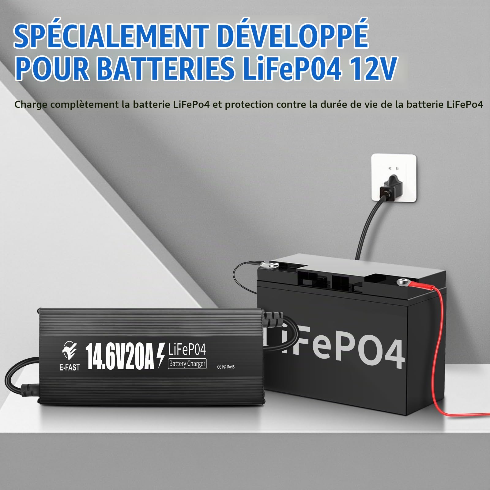 Chargeur de Batterie Automobile LiFePO4 14,6V 20A Chargeur Batterie 12V Protection Multiple Chargement Rapide pour Batterie au Lithium 12V
