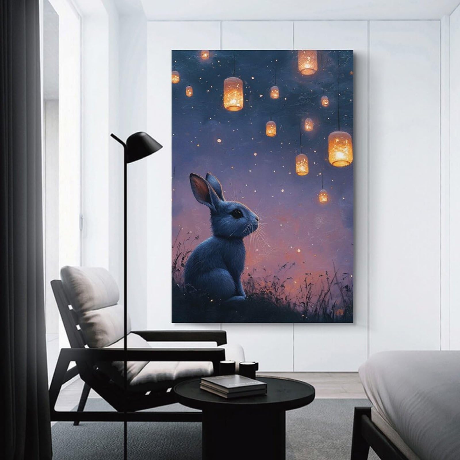 Junmoney Wall Picture Print Rabbit Under Lanterns at Night, 20x30inch(50x75cm), for Living Room, Lounge Or Sitting Room, Modern Wall Decor for Cosy Interiors