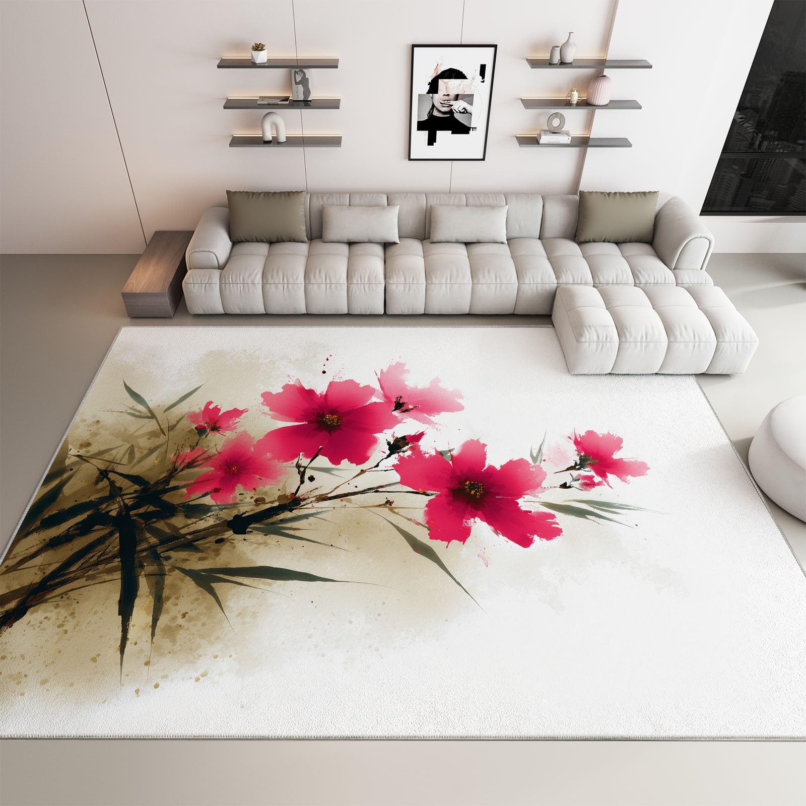 Genérico Dywan można prać w pralce 160 x 230 cm, antypoślizgowy i antypillingowy dywan liście kwiaty - dywan miękki tusz chiński obraz do salonu sypialni jadalni korytarza i kuchni