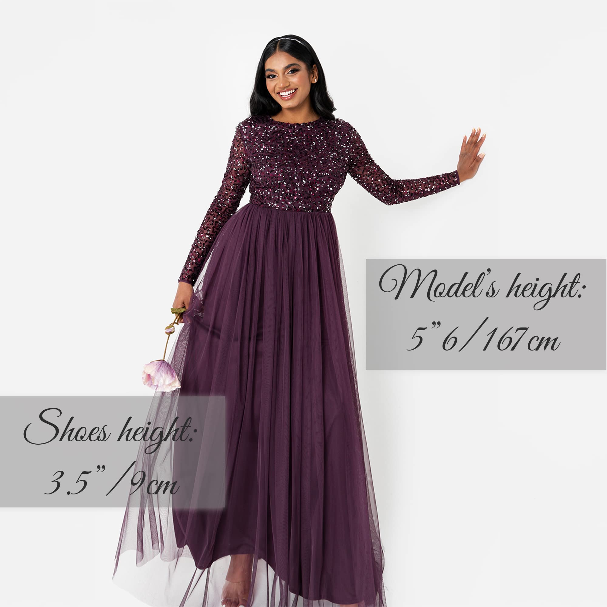 Maya Deluxe Maxi Abito A Maniche Lunghe con Abbellimento Maya Vestito per Damigella d’Onore Donna