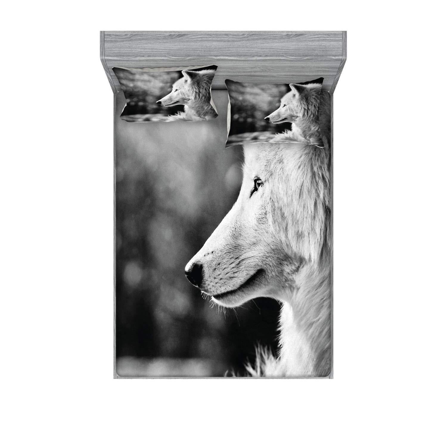 Ambesonne Wolf Fitted Sheet & Pillow Sham Set, Animal Profile Portrait in The Nature Wildlife Carnivore Greyscale Canine Photography, Decorative Printed 3 Piece Bedding Decor Set, Calking, Grey