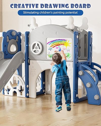 Miniatura 6 de YUFU Tobogán infantil 12 en 1 para niños pequeños, juego de tobogán con golf, tabla de dibujo, escalador, aro de baloncesto y espacio de