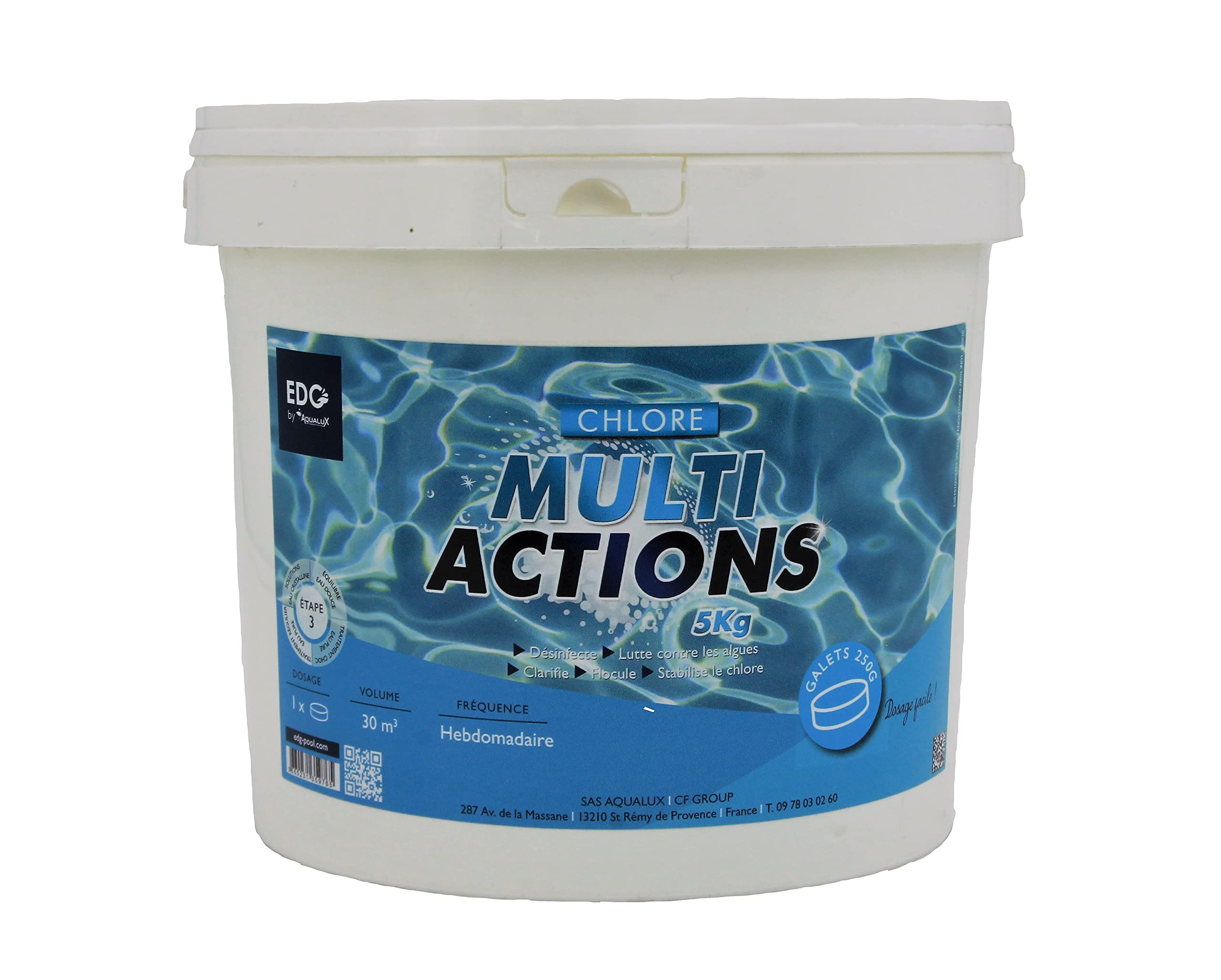 EDG by AQUALUX Chlore MULTIACTIONS Galets 250g - 5kg | Chlore Lent Stabilisé Multiaction - Désinfection Régulière Multifonction - Dissolution Lente + 10 Tests HPS OFFERTS 6 en 1