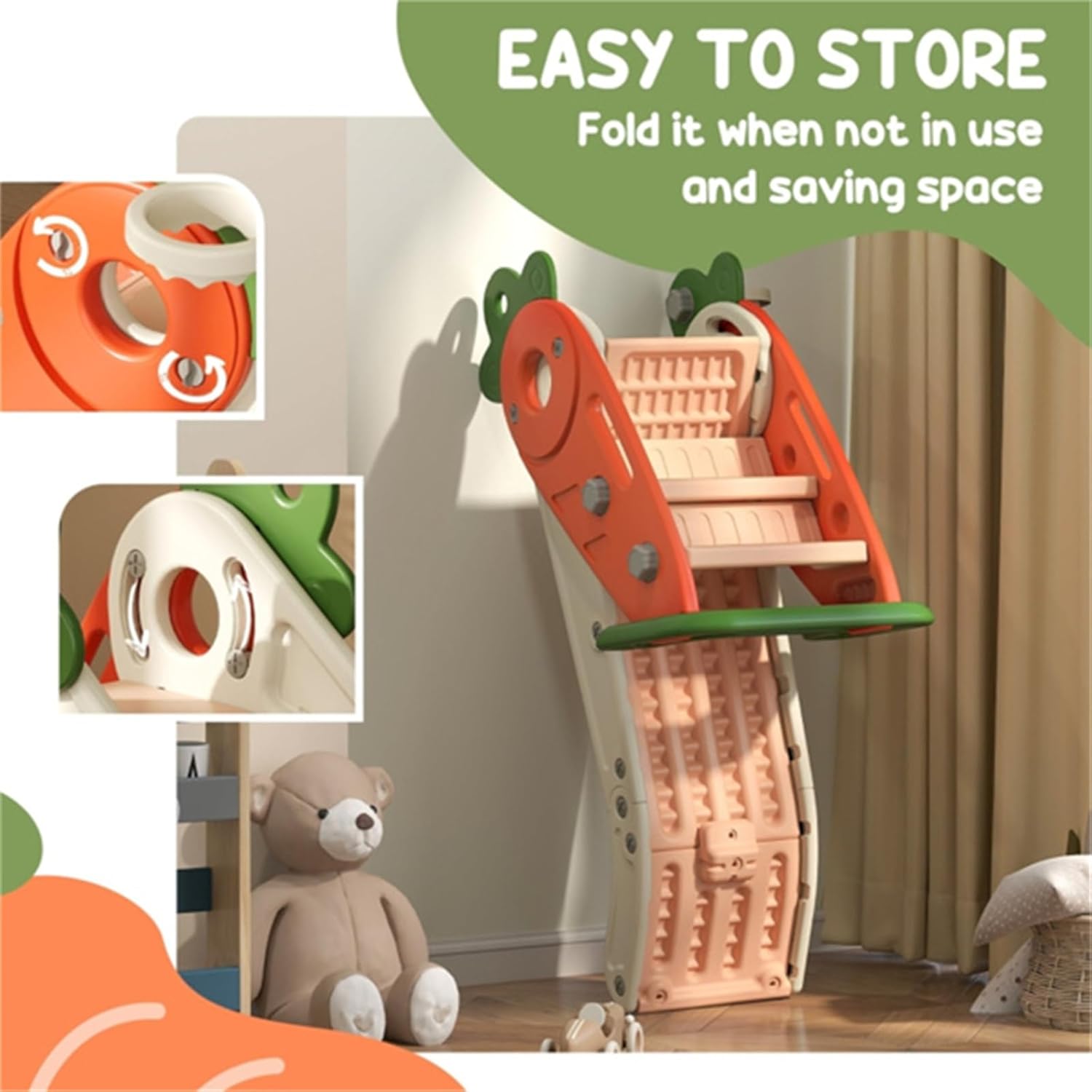 Cute Carrot Shaped Children's Play Slide, freestanding Slide, Foldable and Easy to Store, with Basketball Hoop