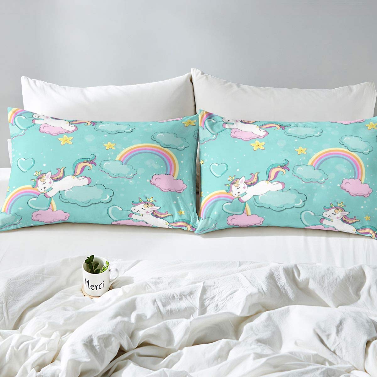Homemissing Juego de ropa de cama para niños con diseño de unicornio de fantasía para niños, funda de edredón de animales mágicos, diseño de hadas, lunares y globos, color rosa