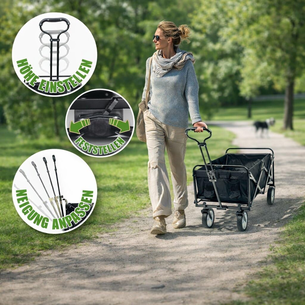 BigDean Bollerwagen faltbar 105L bis 100 kg belastbar klappbarer Handwagen | mit ausziehbarer Deichsel & Netztaschen – Bollerwagen faltbar Kinder Faltbarer Bollerwagen
