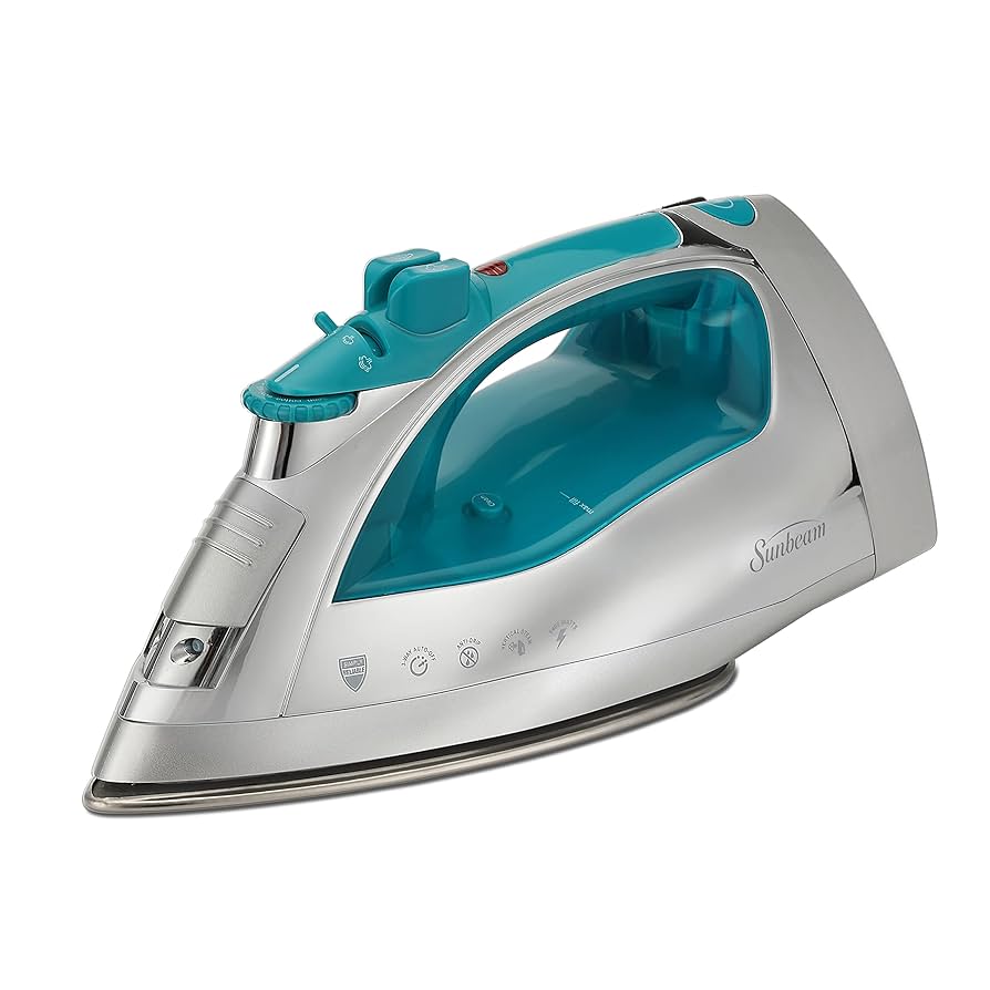 Sunbeam Turbo Steam Iron, 1700 Watt, Nonstick Ceramic Soleplate, Horizontal or Vertical Shot of Steam, Quick Heating, 3-Way Auto-Off, White and Chrome (Chrome/Teal)