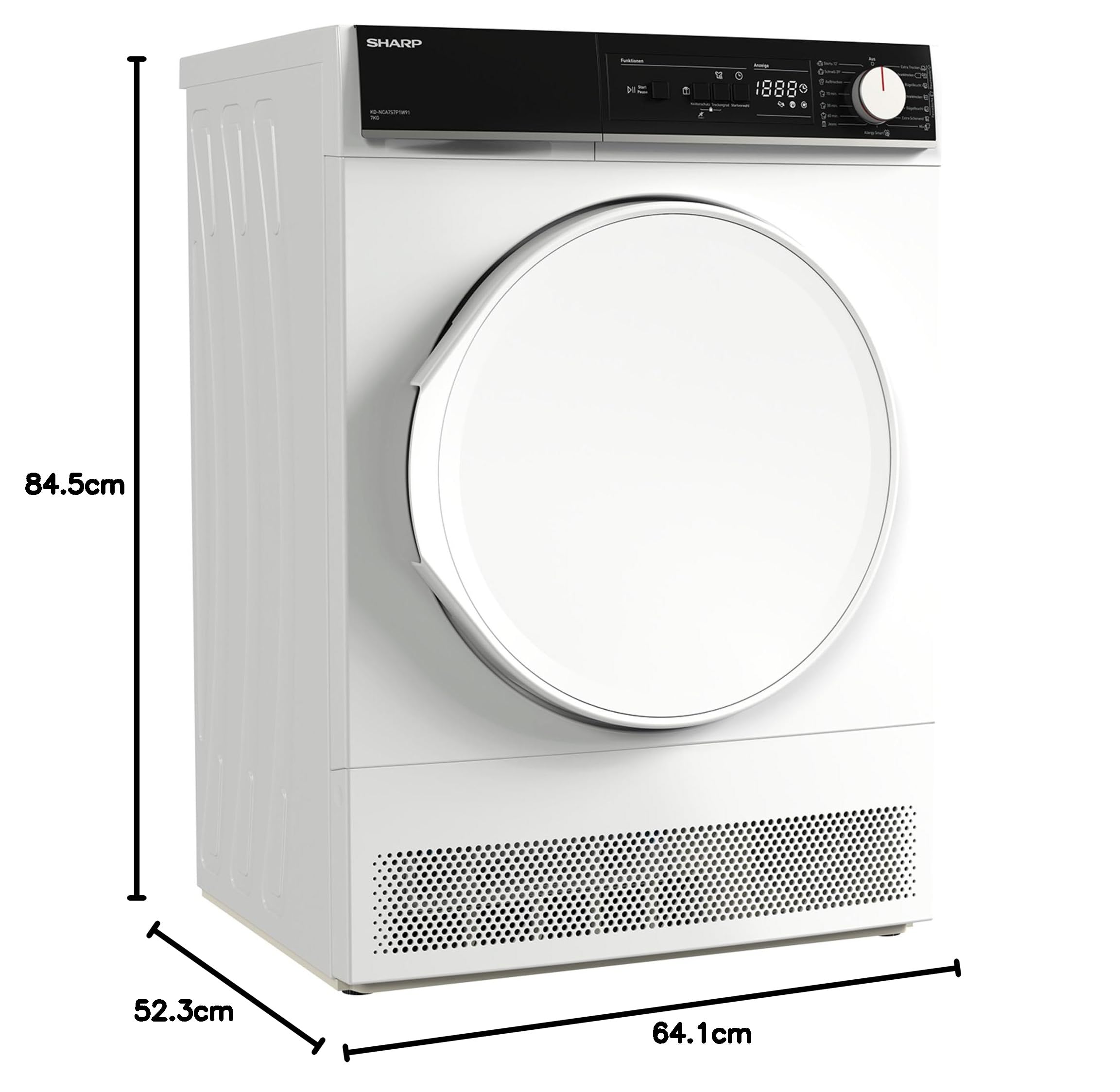 Sharp KD-NCA7S7P1W91-DE Kondenstrockner, 7 kg, 15 Programme inkl. 29 Min. Kurzprogramm, Schontrommel mit LED-Beleuchtung, Weiß