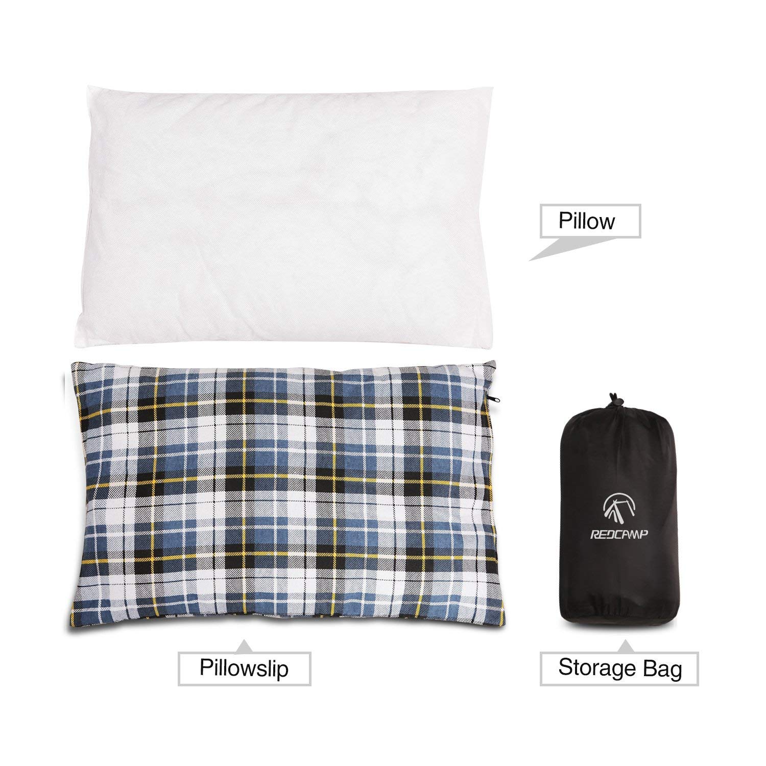 REDCAMP Lot de 2 petits oreillers de camping en flanelle avec housse amovible 50 x 30 cm, léger, compact, portable et micro lavable, pour randonnée, bleu et noir