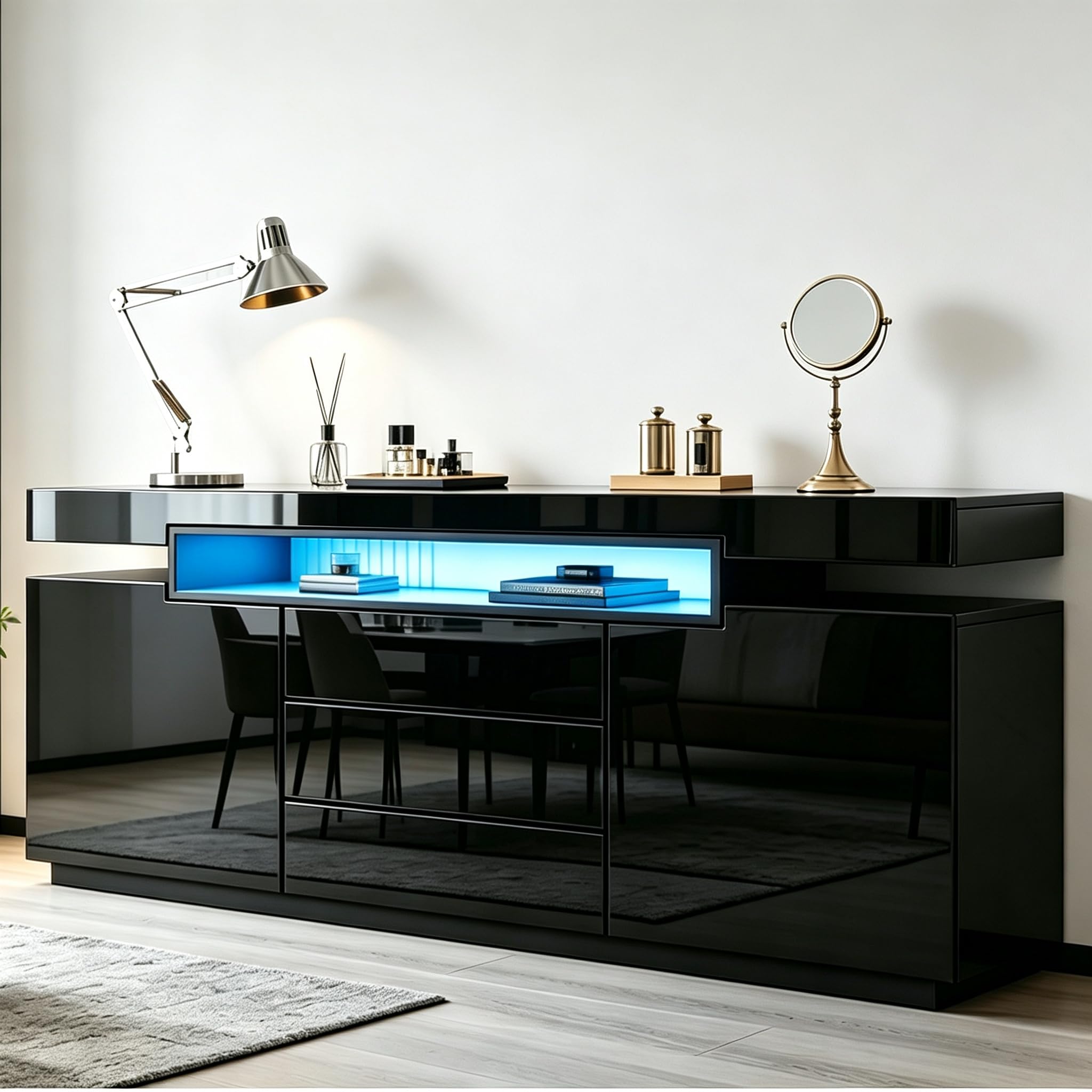 BESTWANTED High Gloss Sideboard Cupboard Storage Cabinet with LED Light,160cm TV Unit with 2 Doors,3 Drawers & Large Open Shelves for Dining Room,Living Room,Kitchen,Hallway,Black