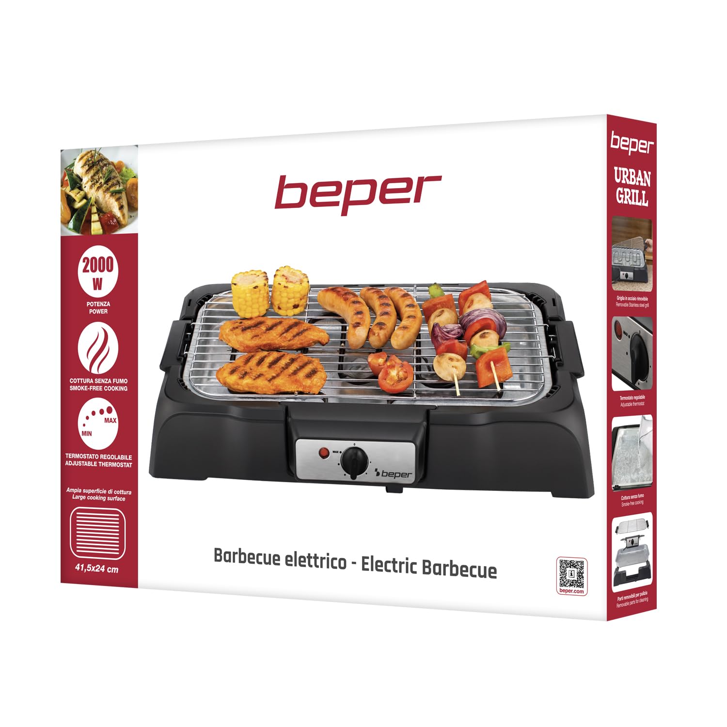 BEPER P101BBQ001 Barbecue Elettrico 2000W Griglia XXL 41,5x24 cm Cottura Senza Fumo
