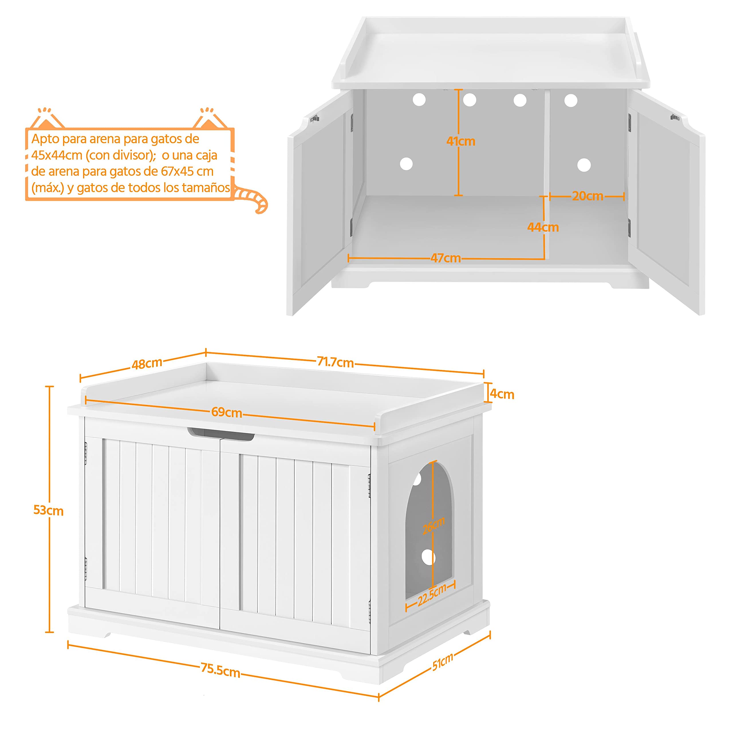 Yaheetech Arenero para Gatos Madera con Puerta Casa de Baño para Mascotas Grandes Cajón de Arena de Madera para Mascota Blanco 75,5x51x52,5 cm