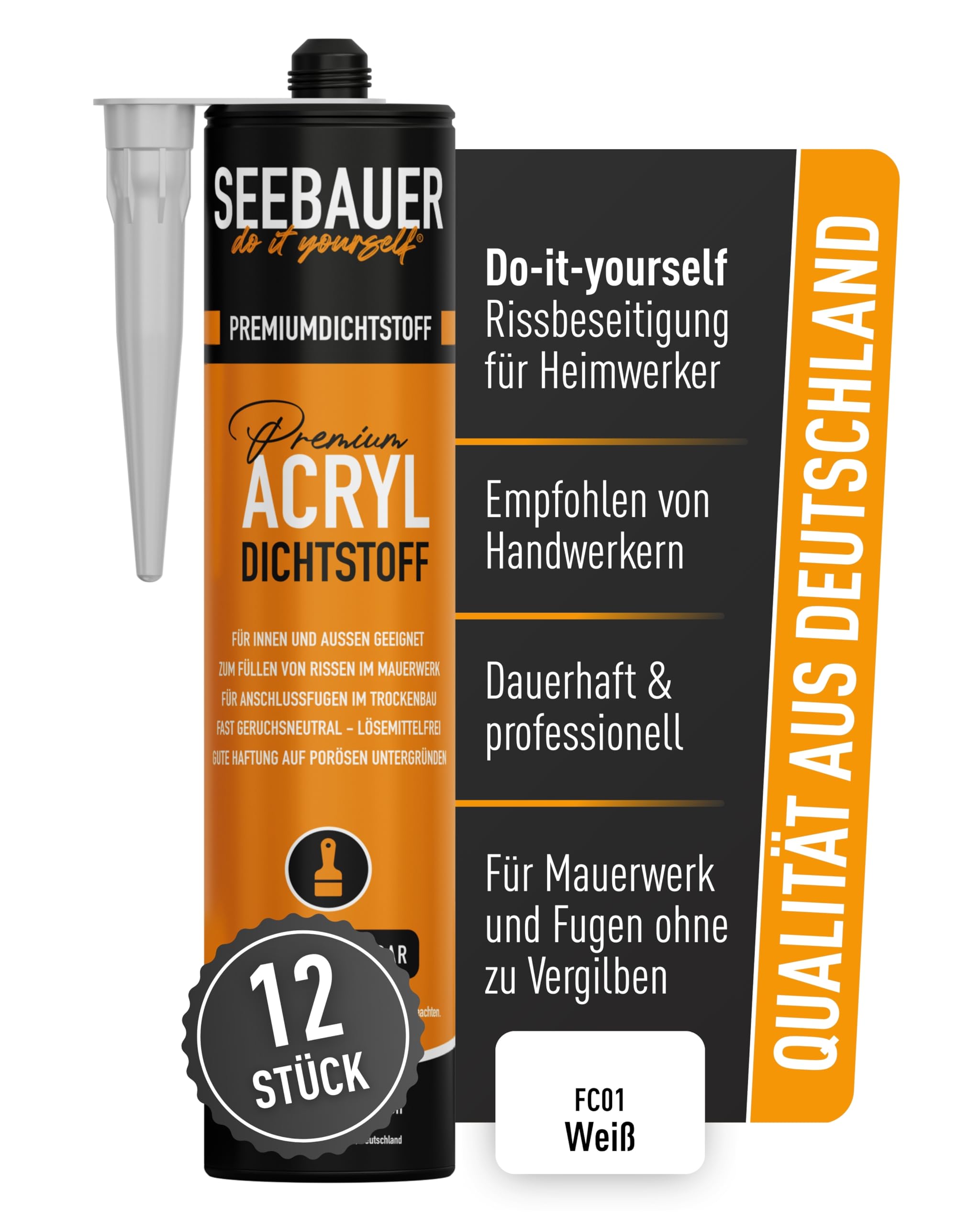 Acryl Dichtstoff Weiß 300 ml - Besonders elastische Dichtmasse - Einfach überstreichbar für Innen- & Außenbereich - Maler-Acryl für Fugen & Risse (12 Stück)