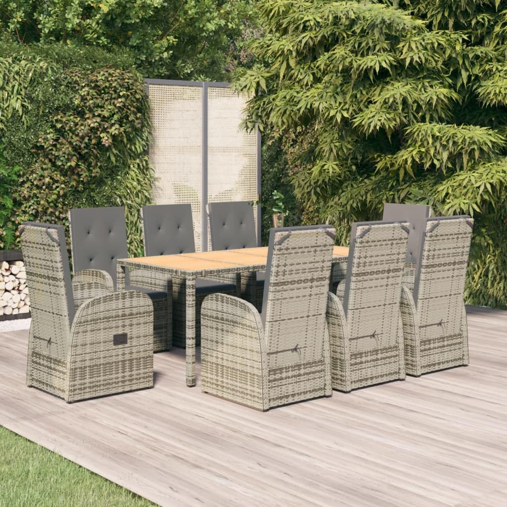 ZEYUAN 9 Piece Garden Dining Set Grey Poly Rattan&Solid Wood Acacia,Patio Dining Set,Patio Table Set,Teak Outdoor Furniture