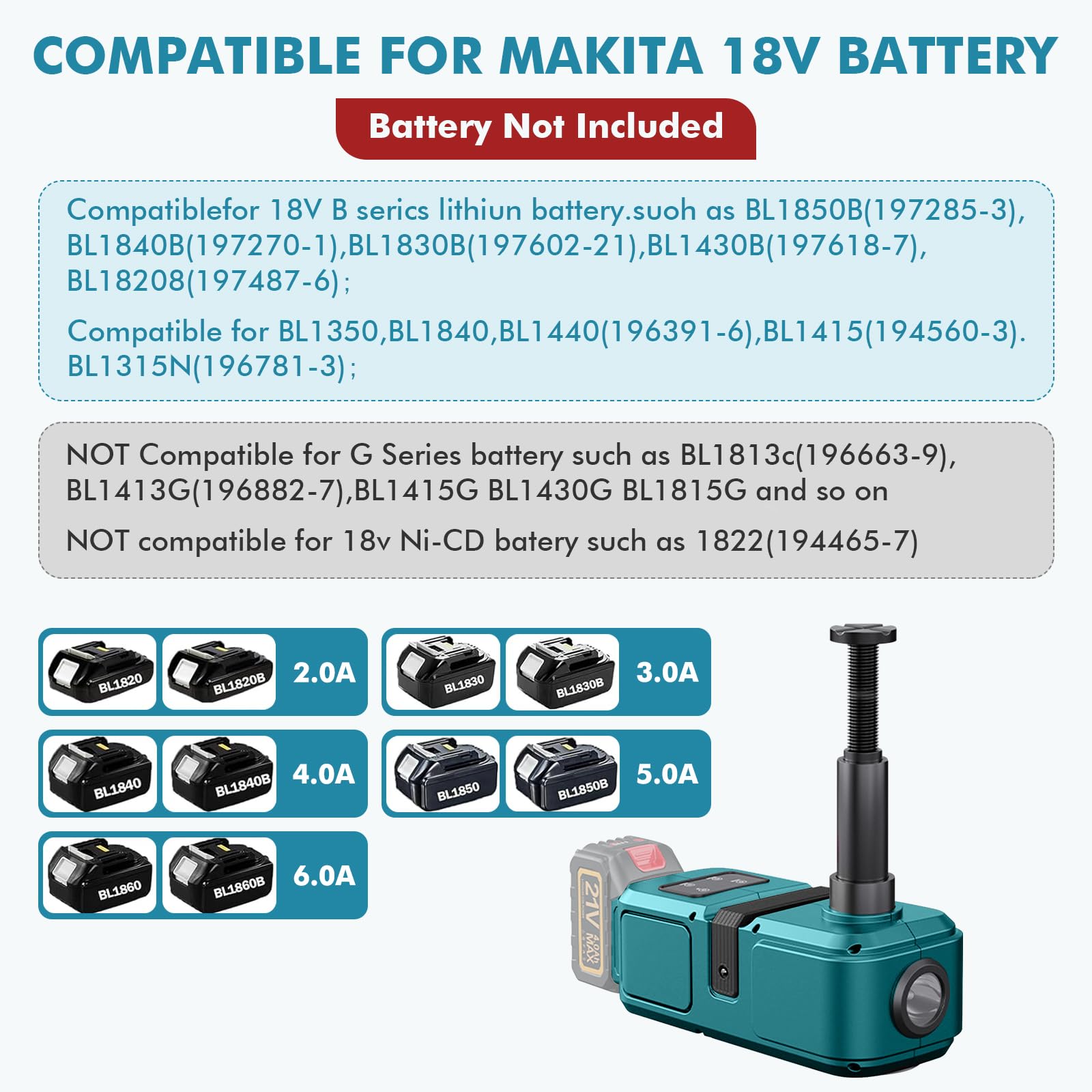 Gato hidráulico 5T, Gato hidráulico Compatible con batería Makita de 18 V | Bomba Inflable y luz LED, 150 – 450 mm, Elevador de Coche para Coche, SUV, sedán, MPV, Cambio de neumáticos