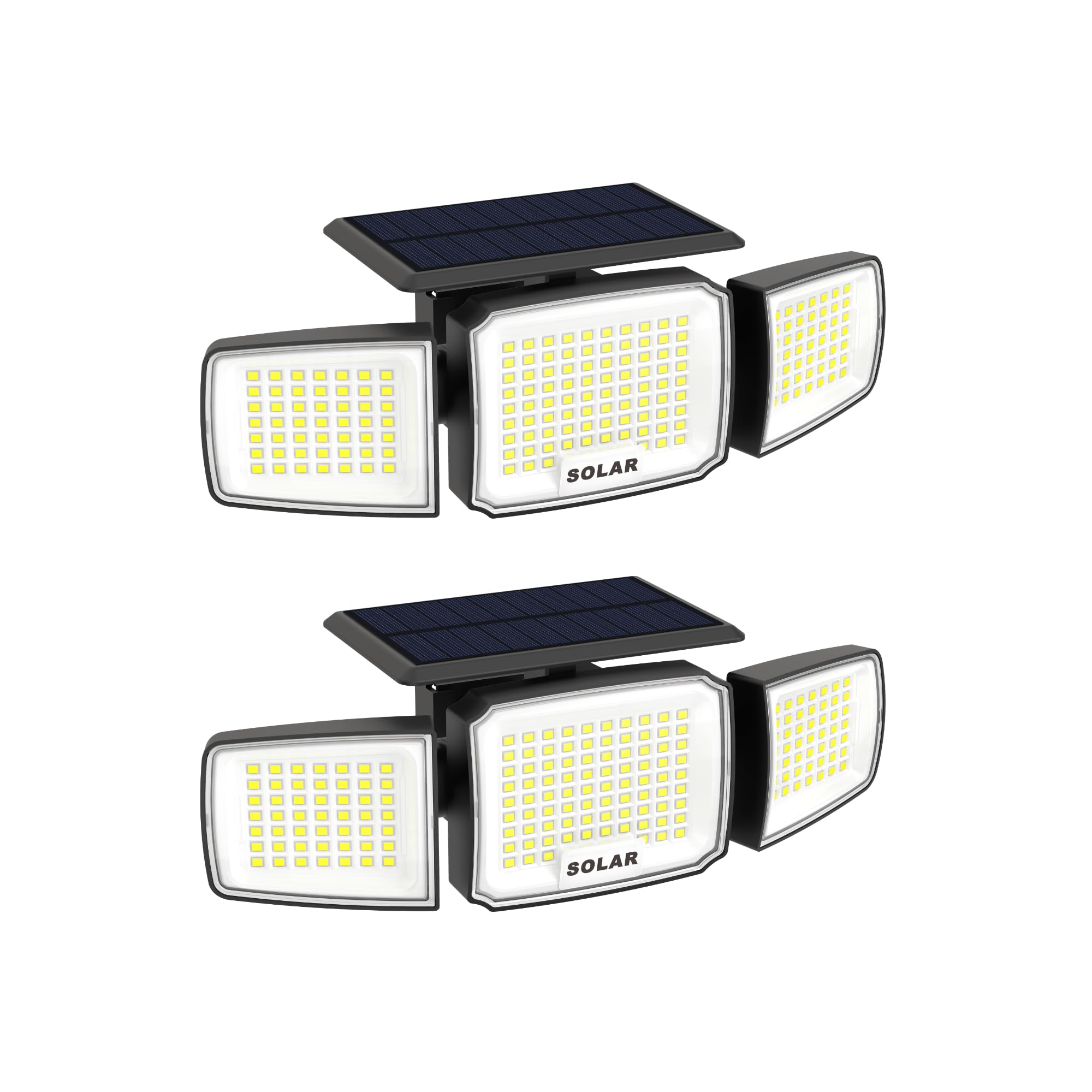 Pack Focos Solares Exterior con Sensor de Movimiento Microondas - Lámpara de Pared con 3 Cabezales Ajustables - 800 Lúmenes, IP65 Impermeable, Luz Fría 6500K para Jardín, Garaje y Patio (4)