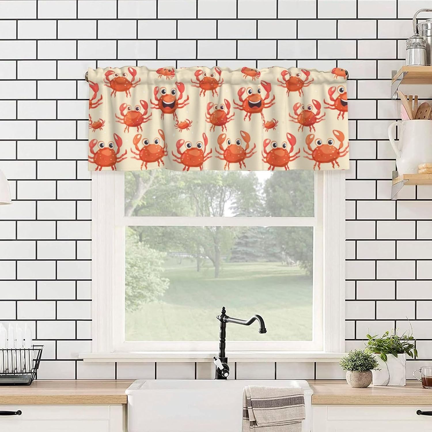 Valance for Windows Cute Red Crabs Kitchen Curtains Valances Rod Pocket Cartoon Underwater Creature Window Treatment Short Topper Curtains 1 Panel, 54x18inch