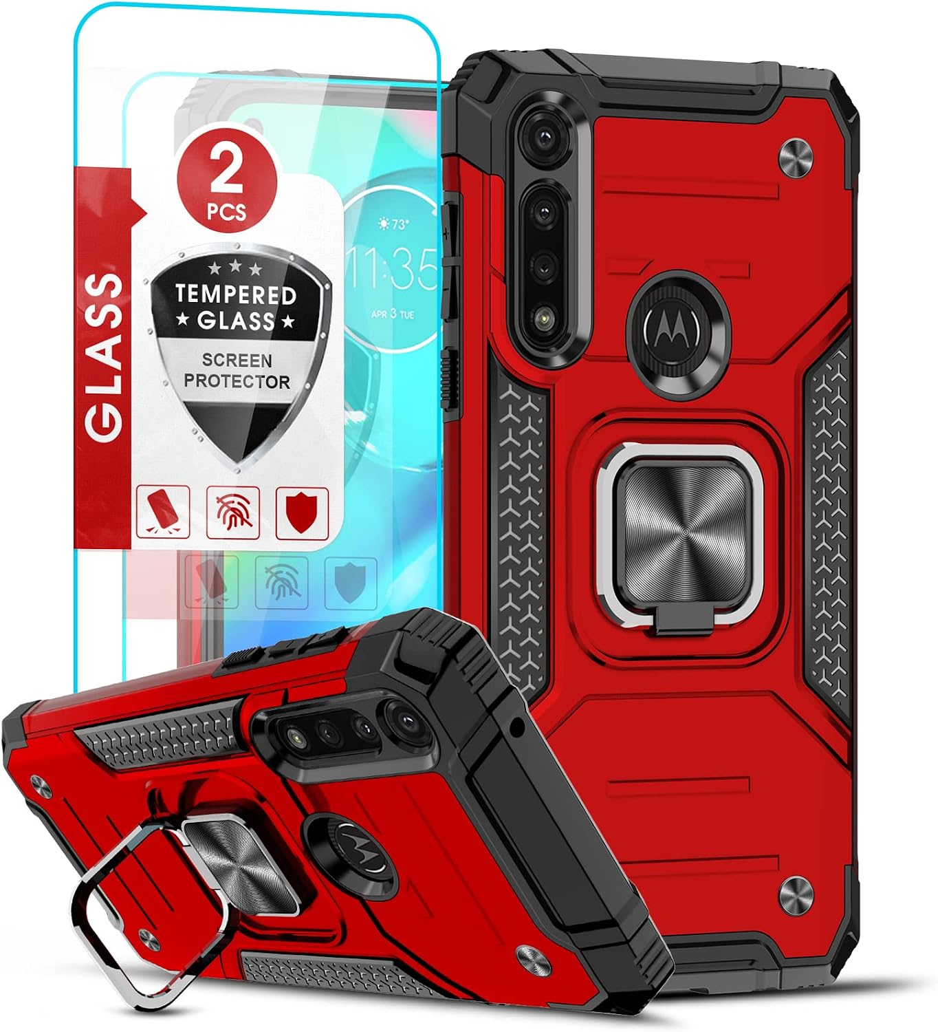 LeYi for Moto G Power 2020 Case (Not fit 2021), Moto G Power Case with Tempered Glass Screen Protector (2PCS) for Women Men, Military-Grade Phone Case with Ring Kickstand for Moto G Power 2020, Red