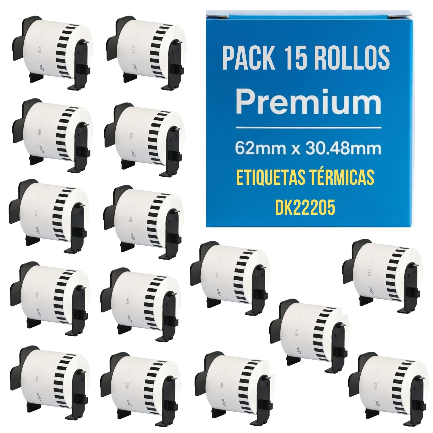 15 Rollos de Etiquetas DK22205 compatible con Brother QL - Cinta Continua de Papel Térmico 62mm x 30.48metros para Impresoras QL-500 550 570 700 710W 720NW 800 810W 820NW