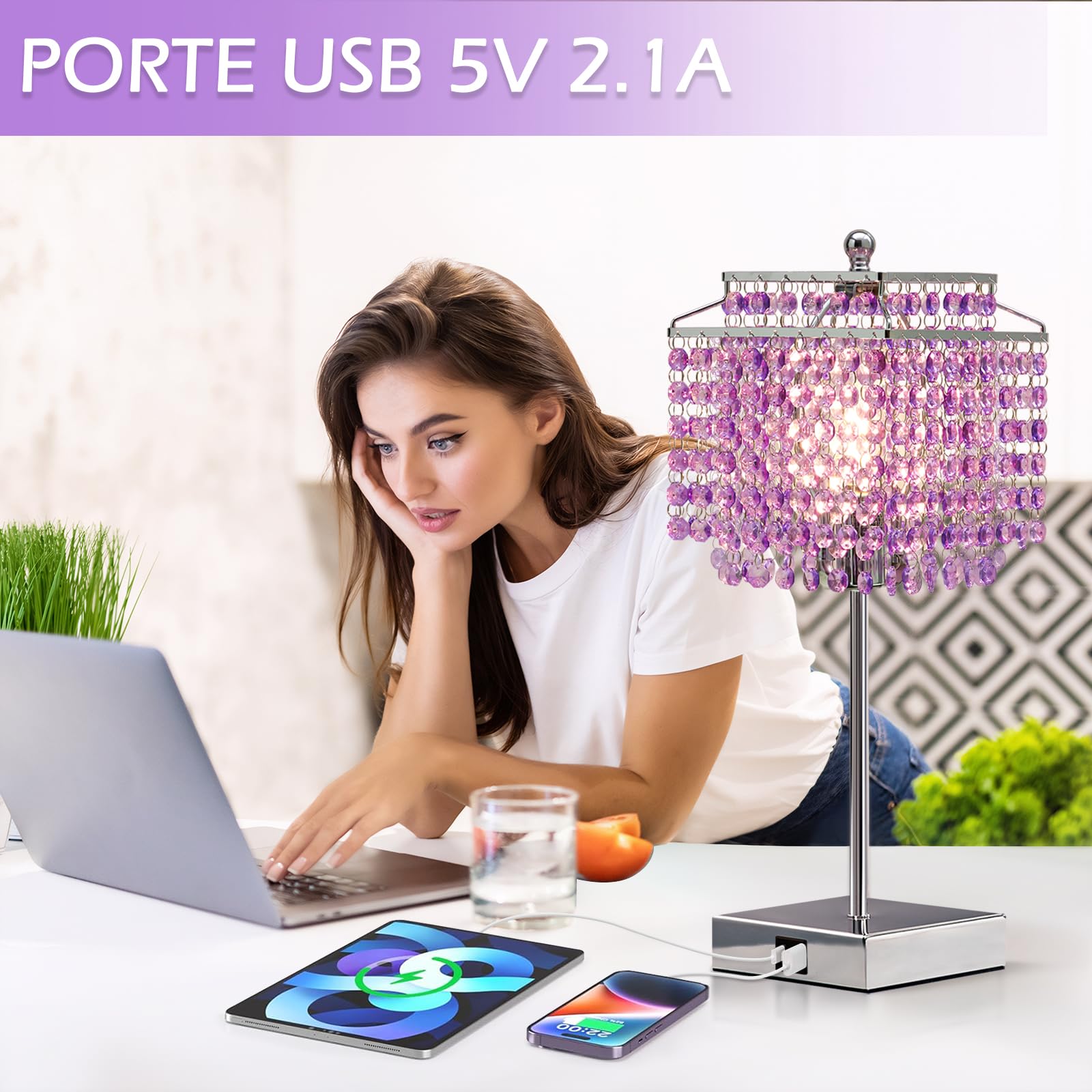 GyroVu Lampada da Tavolo in Cristallo, Lampada Touch con Porte USB C+A, Lampada Dimmerabile per Comodino, Camera da Letto, Soggiorno, Lampadina Inclusa